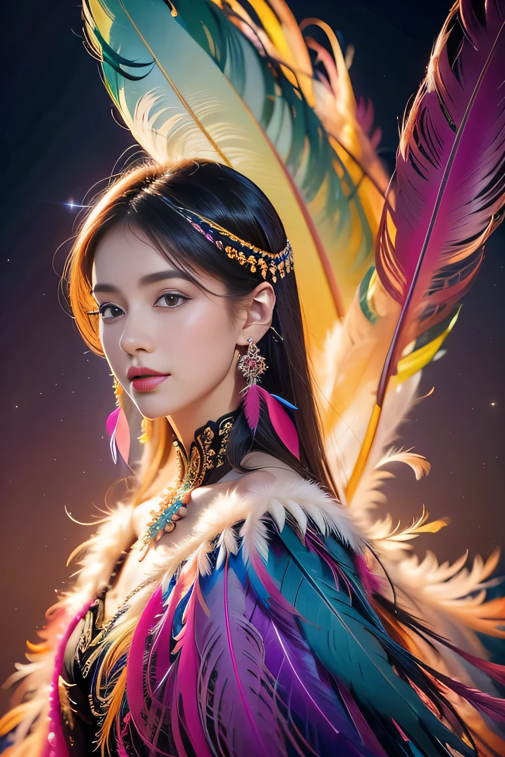 1 sister,(Feather earrings:1.2),(masterpiece, quality, Best quality, official art, Beautiful and beautiful:1.2),(fractal art:1.1),(rich and colorful:1.1),Feather background,32k