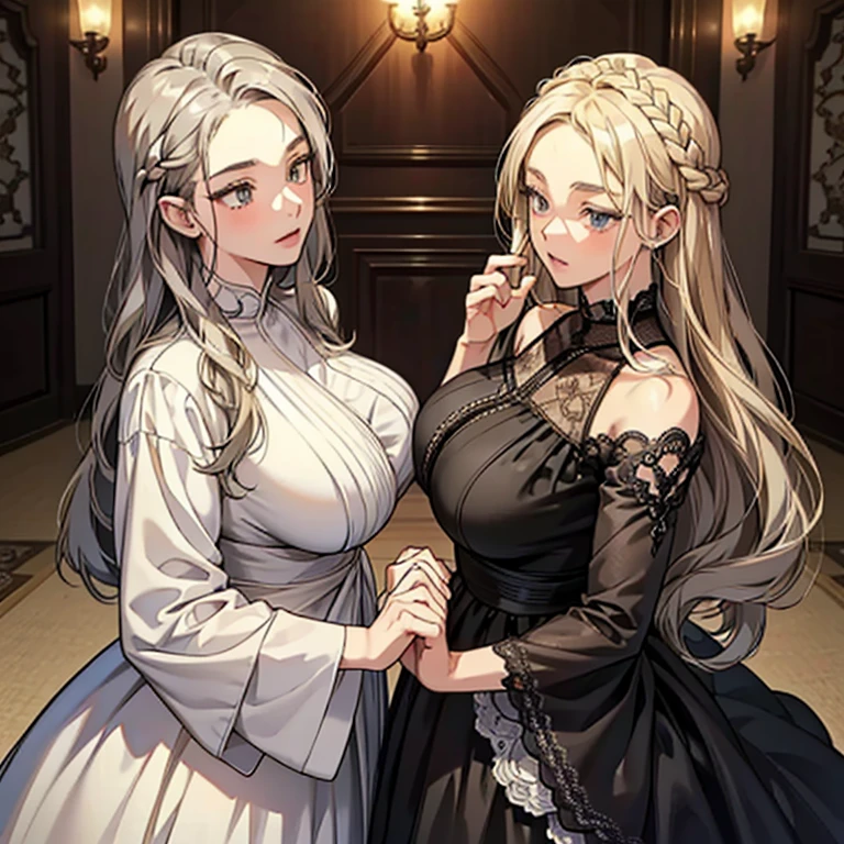 (Anime Moe Style)),((Game CG)),(masterpiece),(highest quality), (Very detailed),shape,((Very delicate and beautiful)),　,Embarrassed expression,Watching the audience,(((18-year-old female)),（Sisters lined up)((whole body)),Detailed face and eyes,Intense eyes like jewels,(Loose braid),,,(Super huge breasts,Long and saggy breasts,）　　　　Voluptuous body　Silver-haired, black-eyed and blonde-haired, black-eyed sisters　The two of us are playing around in dresses that stick to the pitch