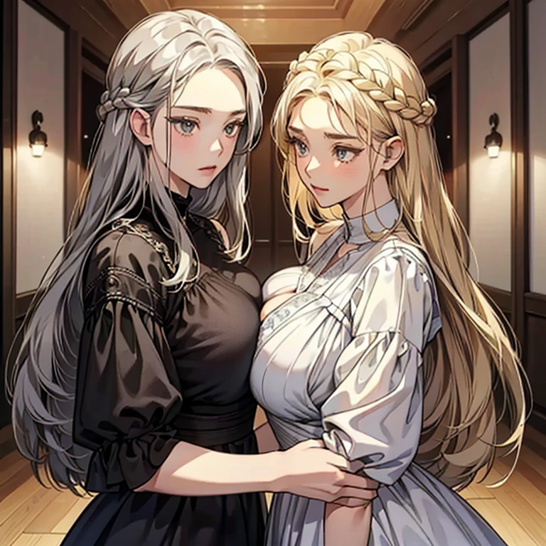 (Anime Moe Style)),((Game CG)),(masterpiece),(highest quality), (Very detailed),shape,((Very delicate and beautiful)),　,Embarrassed expression,Watching the audience,(((18-year-old female)),（Sisters lined up)((whole body)),Detailed face and eyes,Intense eyes like jewels,(Loose braid),,,(Super huge breasts,Long and saggy breasts,）　　　　Voluptuous body　Silver-haired, black-eyed and blonde-haired, black-eyed sisters　The two of us are playing around in dresses that stick to the pitch