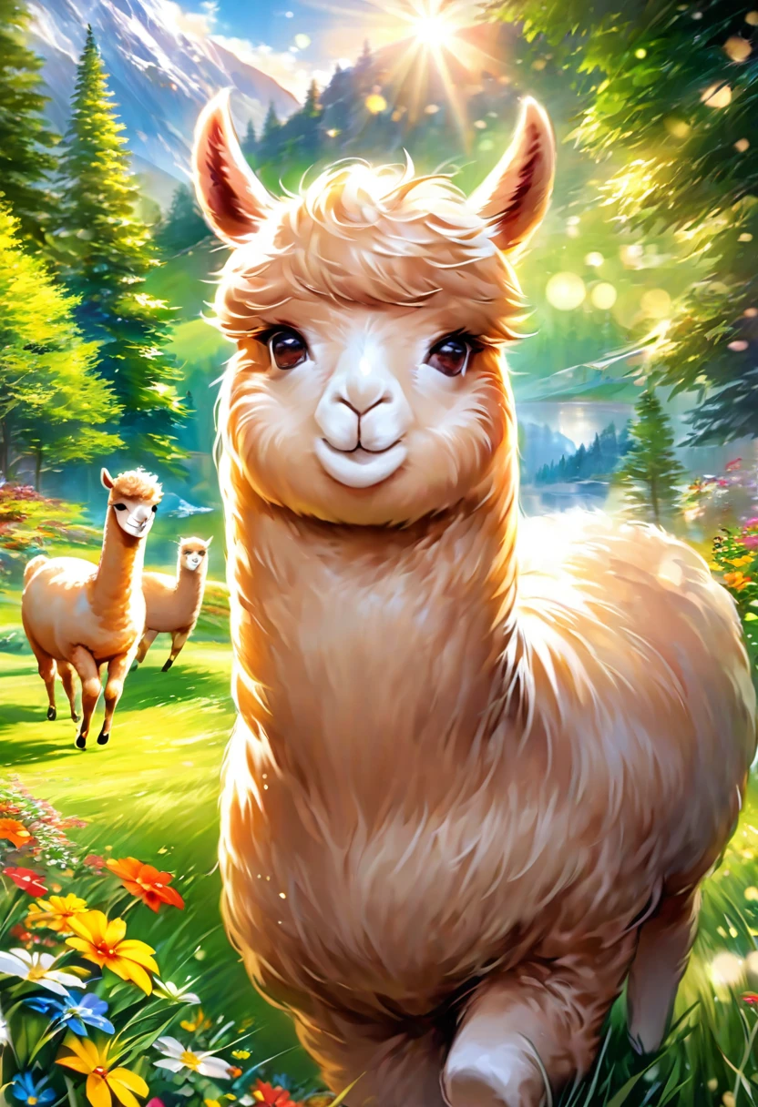 An Alpaca, aesthetic, (high quality,realistic,vivid colors,professional,bokeh:1.2),an alpaca in a beautiful garden,playful alpaca,soft and fluffy fur,curious alpaca exploring the surroundings,expressive eyes and adorable snout,natural landscape with vibrant flowers,bright sunshine illuminating the scene,green grass and tall trees swaying in the breeze,captivating colors and intricate details,joyful and carefree atmosphere,delightful interaction between the alpaca and its surroundings,playful alpaca jumping and frolicking,an alpaca eating grass on a sunny day,a mischievous alpaca winking at the viewer,cheerful and happy alpaca,peaceful and serene ambiance,scenic view with mountains in the background,contrasting textures of the alpaca's wool and the surrounding environment,beautifully composed image capturing the alpaca's charm and whimsy,an alpaca standing on its hind legs,curled eyelashes framing the alpaca's bright eyes,a gentle breeze rustling through the alpaca's fur,create a unique and captivating piece of art.