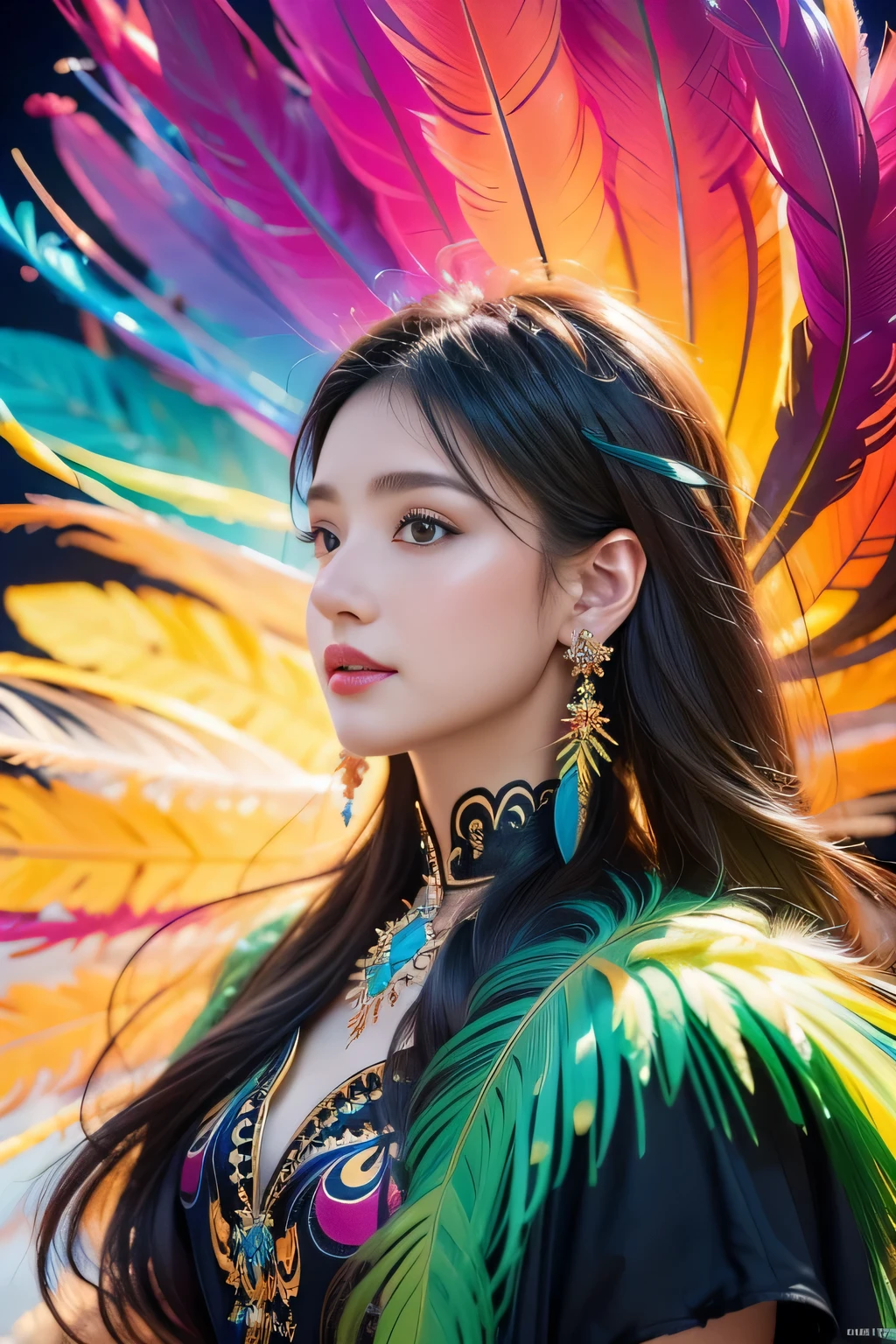 1 sister,(Feather earrings:1.2),(masterpiece, quality, Best quality, official art, Beautiful and beautiful:1.2),(fractal art:1.1),(rich and colorful:1.1),Feather background,32k