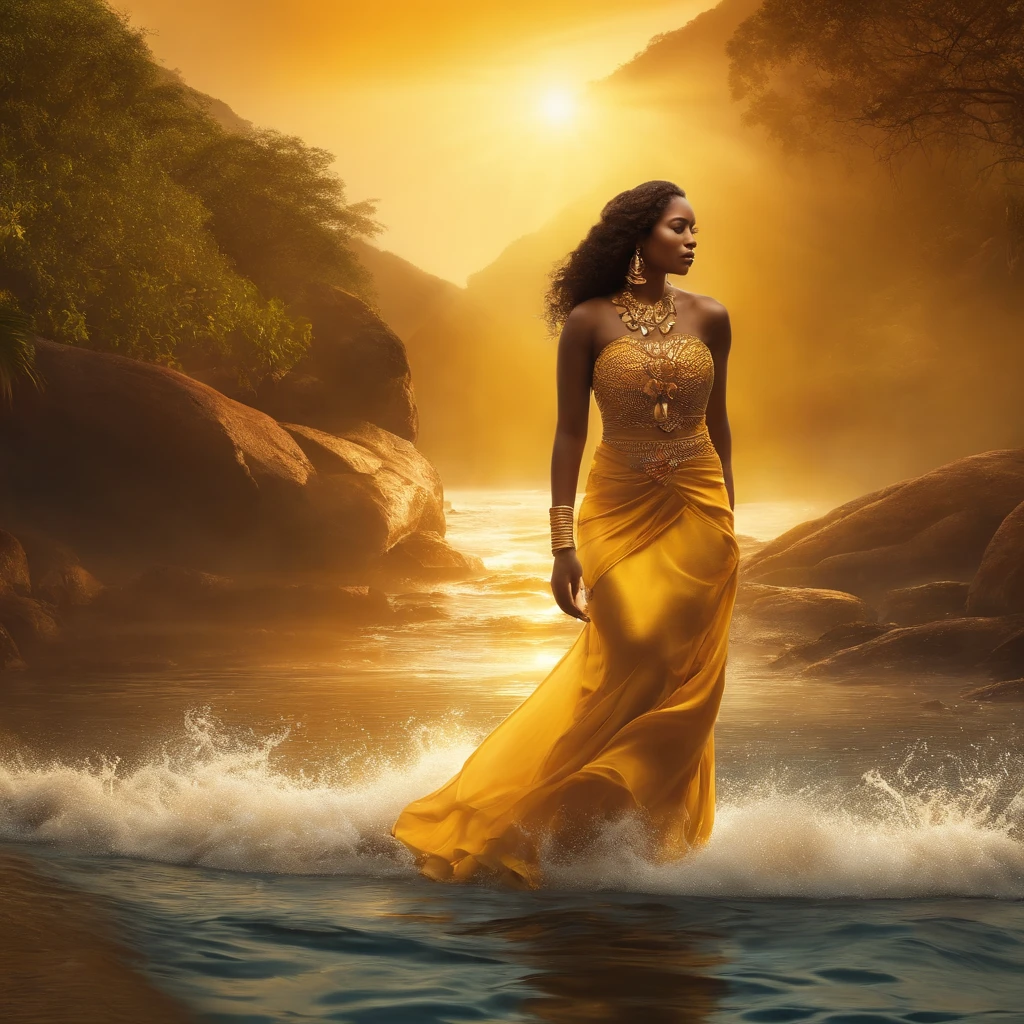 Mitologia africana. Mulher bonita, 30 anos, saindo das ondas revoltas do rio, vestido amarelo e cobre, colar de conchas. Moving water scene, luz do sol