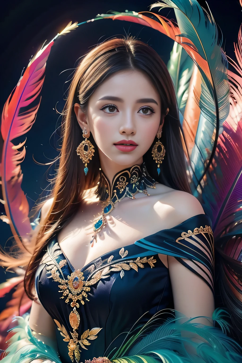 1 sister,(Feather earrings:1.2),(masterpiece, quality, Best quality, official art, Beautiful and beautiful:1.2),(fractal art:1.1),(rich and colorful:1.1),Feather background,32k