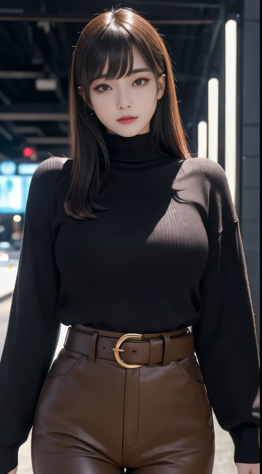 masterpiece, 1. Beautiful Girls, detailed, Swollen eyes, highest quality, 超A high resolution, (reality: 1.4), Original photo, One girl, Cinema lighting, (Laughter,:0.5) Japanese, Asian Beauty, Korean, Proper, Very very beautiful, a little young face, Beautiful Skin, thin, Cyberpunk Background, (超reality的な), (Awareness-raising), (High resolution), (8K), (非常にdetailedな), (The best Awareness-raisingns), (美しくdetailedな目), (超detailedな), (wallpaper), (detailedな顔), Watching the audience, Detailed, Detailed face、Deep Shadow、Inconspicuous、Pure Erotic Face Ace_V1、46 point diagonal bangs、Look straight ahead、(Dark red turtleneck low gauge knit blouse), Golden Buckle Belt, Dark brown leather pants, Black colored eyes、