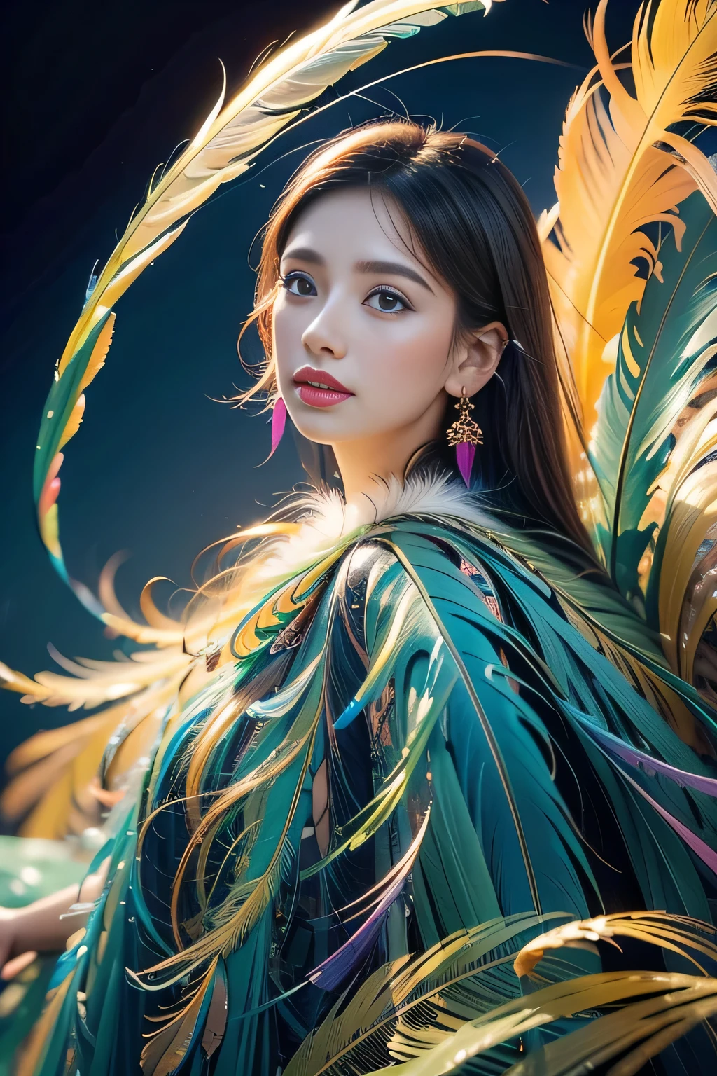 1 sister,(Feather earrings:1.2),(masterpiece, quality, Best quality, official art, Beautiful and beautiful:1.2),(fractal art:1.1),(rich and colorful:1.1),Feather background,32k