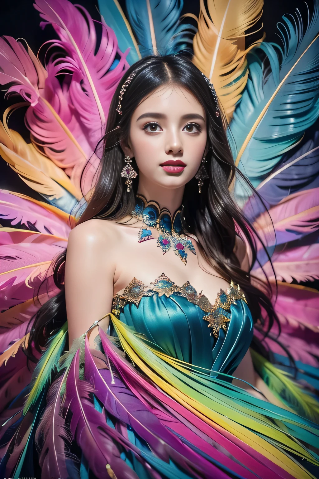 (Masterpiece, Highest quality, best quality, official art, indian girl, beautiful and beautiful:1.2), (1 woman:1.3), smile, very detailed,(fractal art:1.1),(Rich and colorful:1.1)(flower:1.3),The most detailed,(tangled:1.2), (abstract background:1.3), (Shiny skin), (many colors:1.4), ,(earring), (feather:1.5),