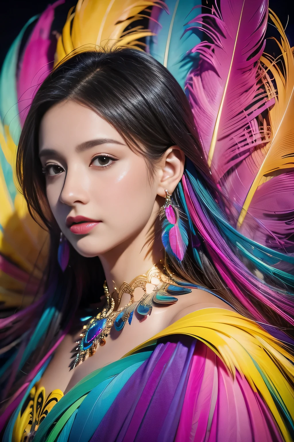 1 sister,(Feather earrings:1.2),(masterpiece, quality, Best quality, official art, Beautiful and beautiful:1.2),(fractal art:1.1),(rich and colorful:1.1),Feather background,32k
