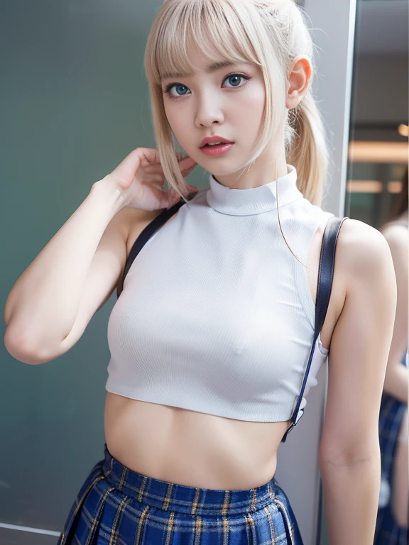 Portlate、School uniforms、glowing expression、ponyTail、Young bright shiny white skin、Best looks、Reflected light blonde、Platinum blonde hair with dazzling highlights、light and shiny hair,、Silky straight hair、Beautiful shining bangs、Attractive crystal shines blue eyes、Very beautiful cute cute 16 year old girl、Lush bust、Beautiful white blouse、(())、Beautiful face、Pleated skirt with many checkered folds、((Well-shaped face))、Seductive pose 、((School idol))++、sexy body、(highest quality:1.4), (small breasts:1.1) 