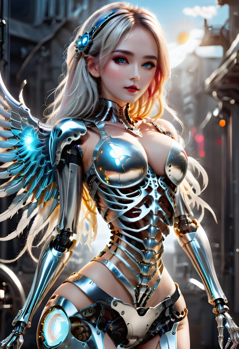 8k, ultrarealistic photo realistic picture perfect bio mechanical angle goddess,anglic perfect face, thin curved platinum blonde eyebrows, color perfect makeup, long luscious eyelashes, black eyeliner, bright eye shadow, vibrant red cheeck makeup, vibrant red lipstick, seductive curved lips, large halo above head,long luscious platinum blonde hair, godlike white feather wings back, anglic white skin, bio mechanical hands and arms, natural anglic breast, showing cleavage, show vertebrae, slinder waist, curvy hips, perfect toned ass, bio mechanical torso, bio mechanical legs, heaven with clouds bright sun light,