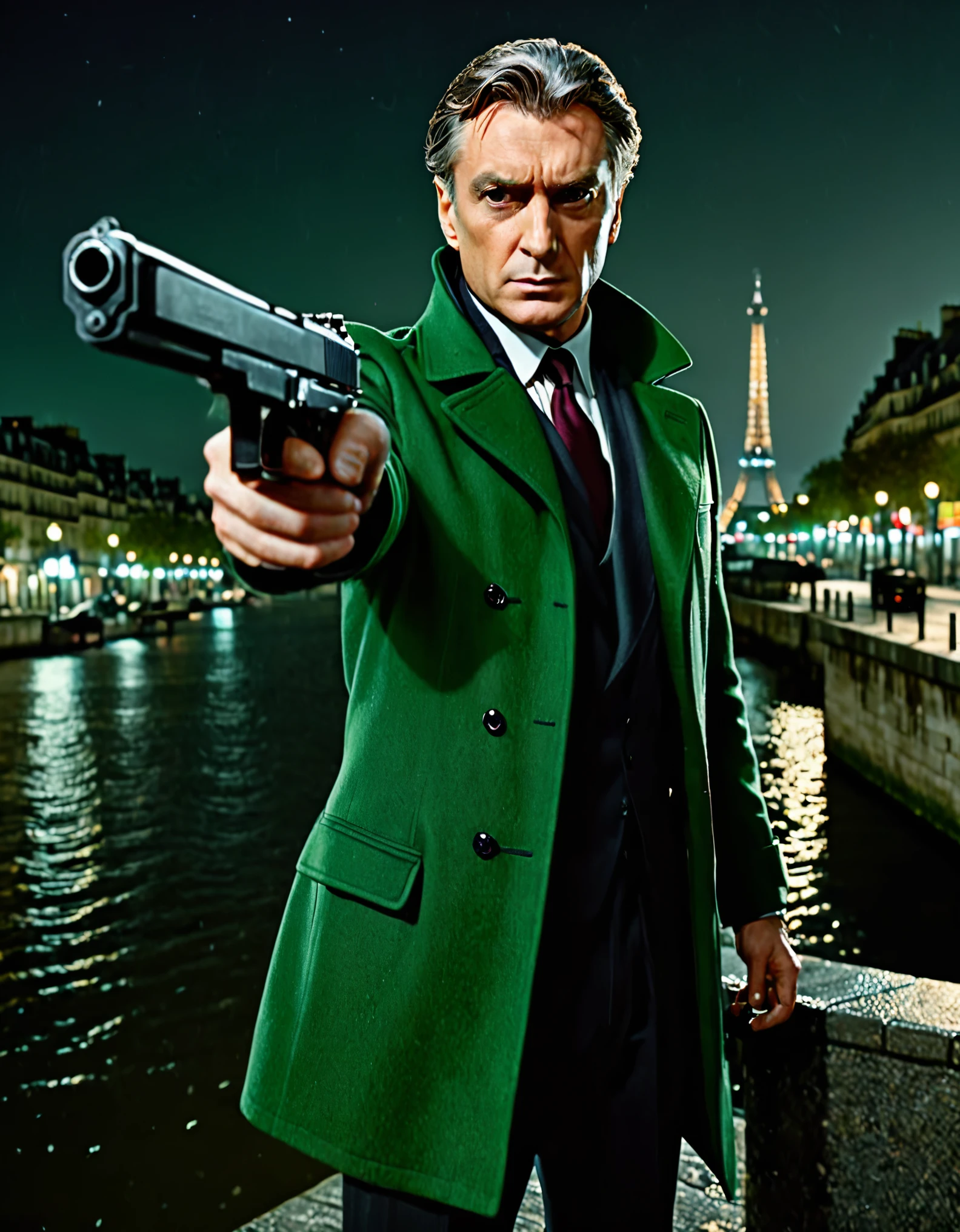 masterpiece, best quality, hyper detailed, ultra detailed, 1man, solo, solo focus, arafed french man in a coat, (pointing pistol at the viewer, glock17), tall body, middle-aged man, professional, relaxed but determined, serious but cool, he's a hitman in peacoat, he is wearing a green trenchcoat, darkgreen suit and tie, slacks, black dress shoes, full body and head shot, full body shoot, full-body-shot, fullbody shot, dock, paris, night backdrop, film noire atmosphere, reddish grey hair, green eyes, hair over one eye, secret agent, spy, midnight, noir lighting.