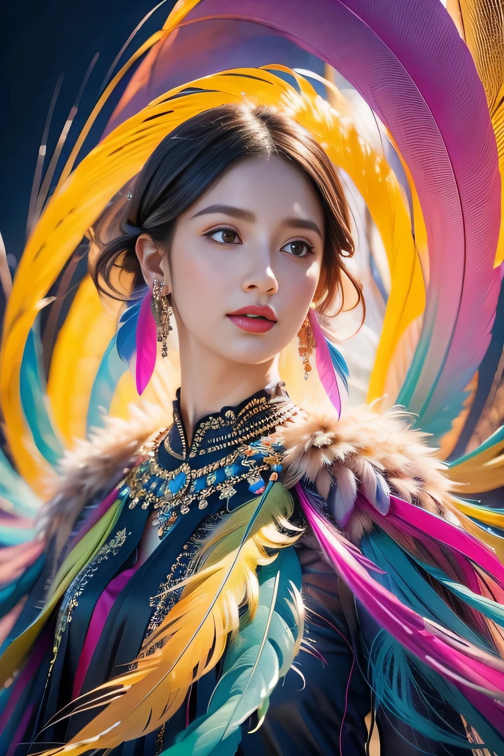 1 sister,(Feather earrings:1.2),(masterpiece, quality, Best quality, official art, Beautiful and beautiful:1.2),(fractal art:1.1),(rich and colorful:1.1),Feather background,32k