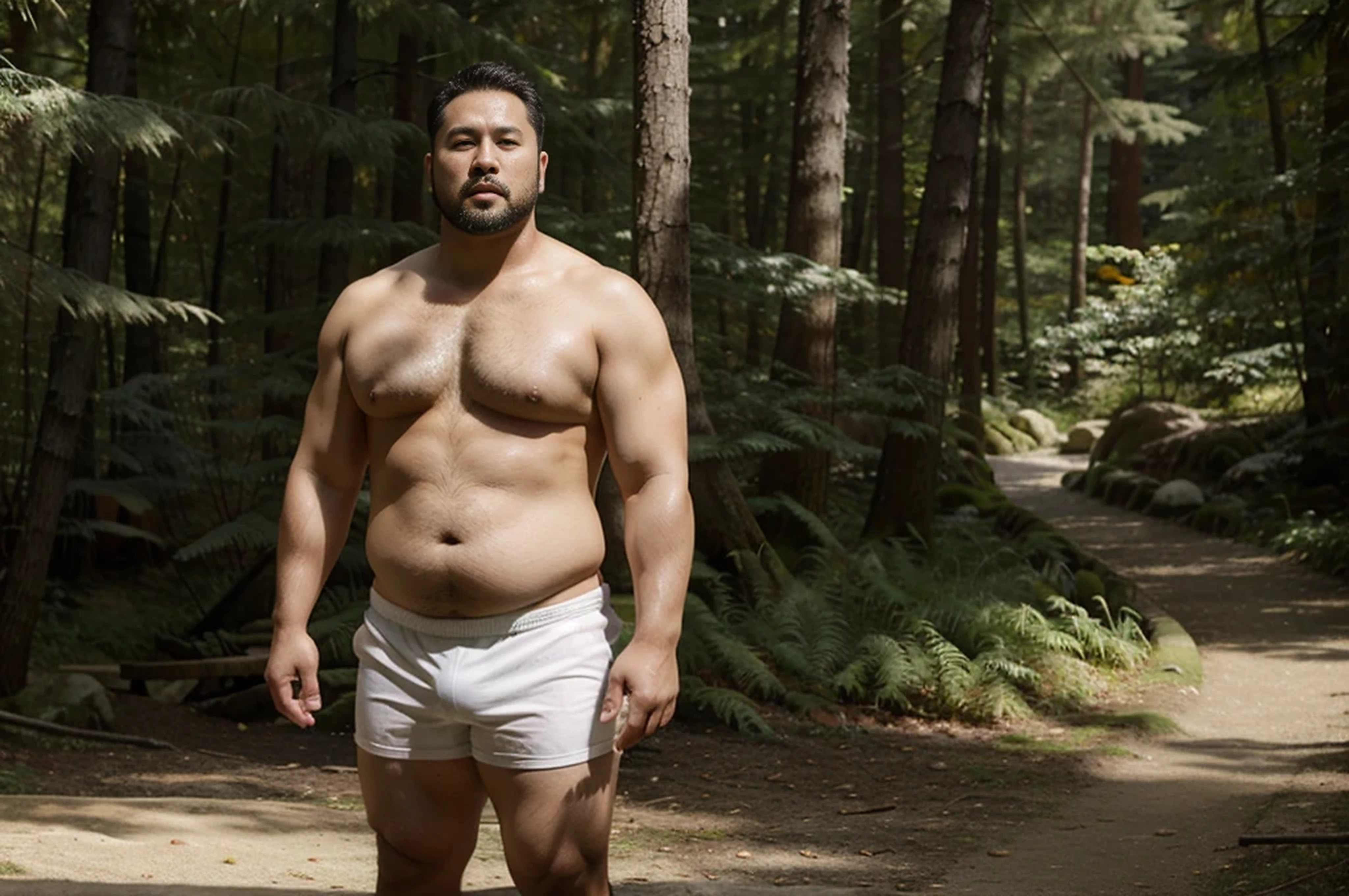 A 38 years old stocky chubby thick Japanese man with short beard and short hair in competitive white swim suit is standing in the forest shirtless
