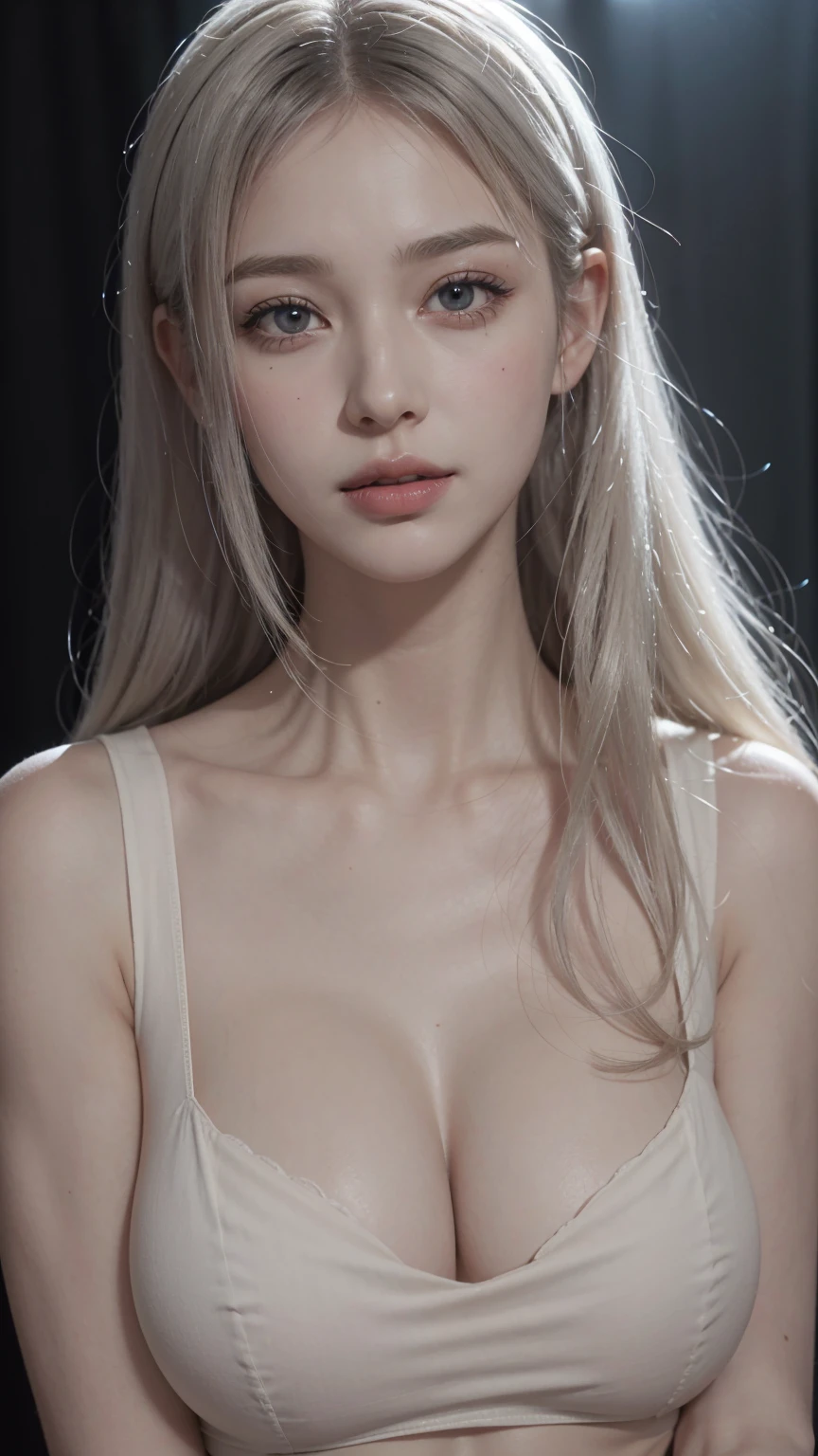 (RAW photo, best quality), (realistic, photo-realistic:1.3), very pale skin, Ultra Detailed Face, Detailed Lips, black lipstick, Fine Eyes, double eyelids, extremely delicate and beautiful, Amazing, finely detail, masterpiece, ultra-detailed, highres, best illustration, best shadow, intricate, depth of field, (closeup portrait of a young beautiful woman:1.2),long hair, ponytail, messy hair,((((low key,dark scene,dimly lit)))),(((soft lighting:1.4))),(pale skin:1.4),(shy smile),(cinematic angle),sharp focus, volumetric fog, 8k UHD, DSLR, high quality,( film grain:1.4), Fujifilm XT3,(looking at viewer), pale skin, ((masterpiece))、(((highest quality)))、photorealistic, Raw photography, An illustration、1 girl、Beautiful silver hair、white blond, hair in eyes、Beautiful Eyes、Environmental Scene Change、Poses too、magic、Shartaan Betarola、depth of field, bokeh, silky smooth skin, ultra realistic, extremely high resolution, highest detailed eyes and face, spot light, , adorable, Revealing clothing、White clothes、Wrinkled tank top、Bare Chest, sheer, sexy