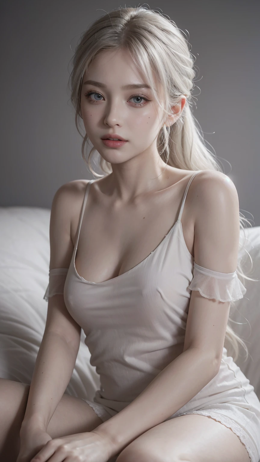 ash white hair, short hair, bright blue eyes, fair complexion, 20s, slender and graceful, realistic shot, white sun dress, no tattoos, sitting on ground, open legs, realistic skin texture, (8k), (best quality), neon lights, bedroom, dark room