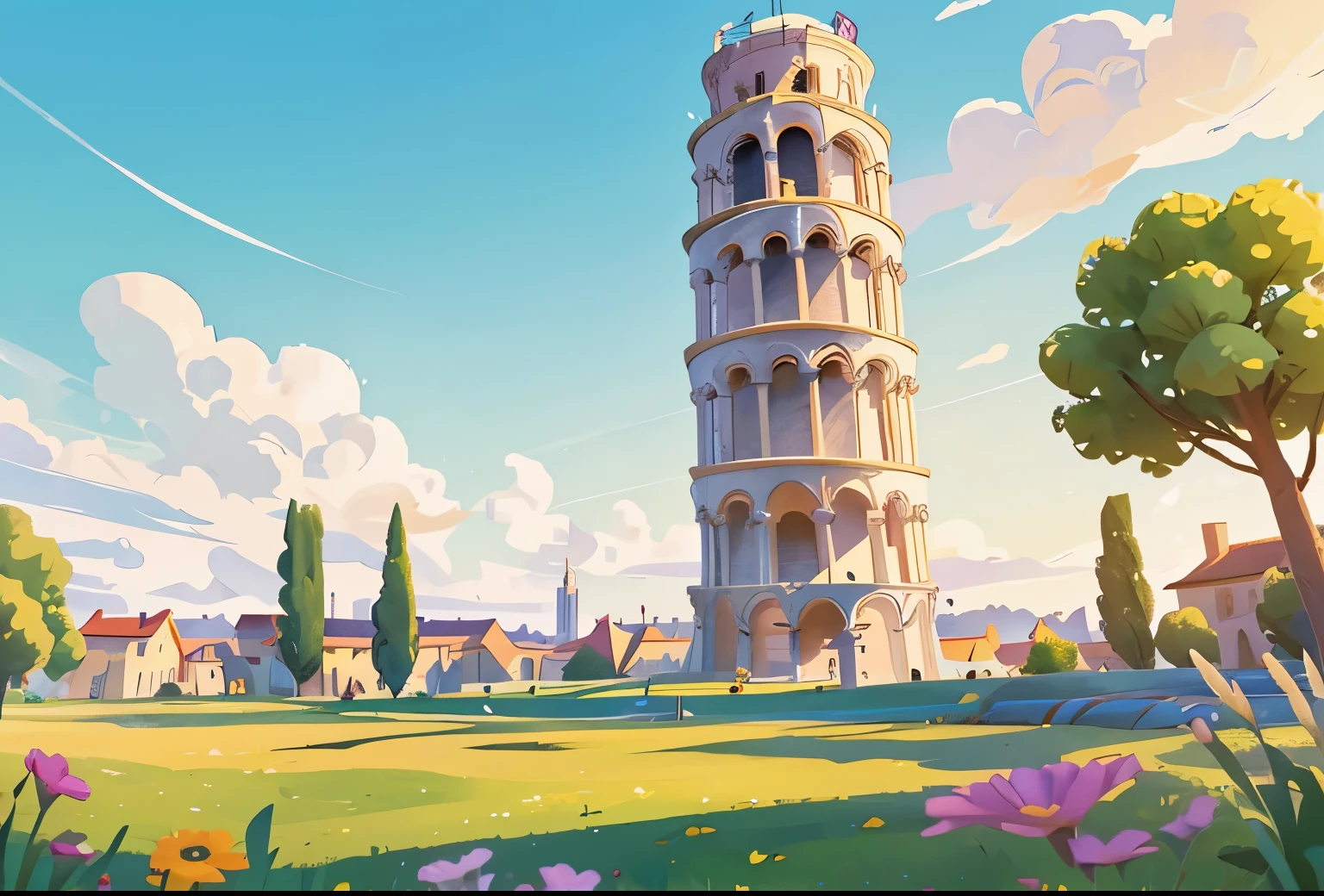 A leaning tower of Pisa，6-story tower，Simplified drawing of tower，The picture is clean，For women，Disney style，European and American cartoons，Bright colors，cute，Game scene illustration，Grass and flowers in the foreground, The sky is far away，Marble Tower, Giant Tower, Stylized game art