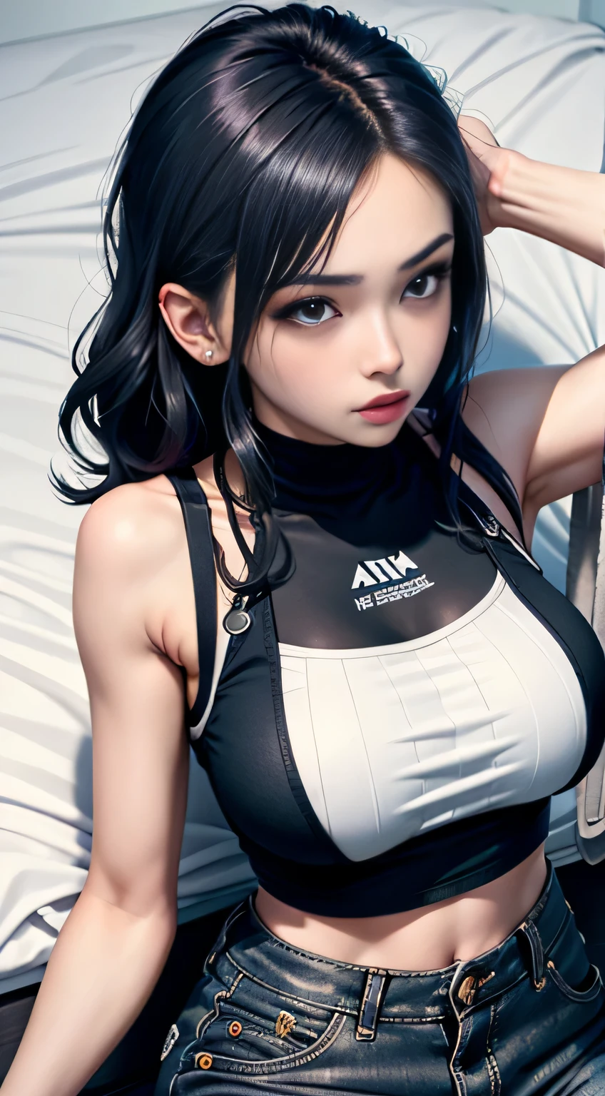 sfw, ((lying on bed top view)), there a woman sitting on a bench with headphones on, cute casual streetwear, photo of slim girl model, wearing cyberpunk streetwear, wearing a black cropped tank top, korean women's fashion model, all black cyberpunk clothes, cyberpunk streetwear, y 2 k style, y2k style, ulzzang, photo of slim girl, overalls, cute girl wearing tank suit, wearing bra,((skinny waist)), young asian girl, ((big breasted)),