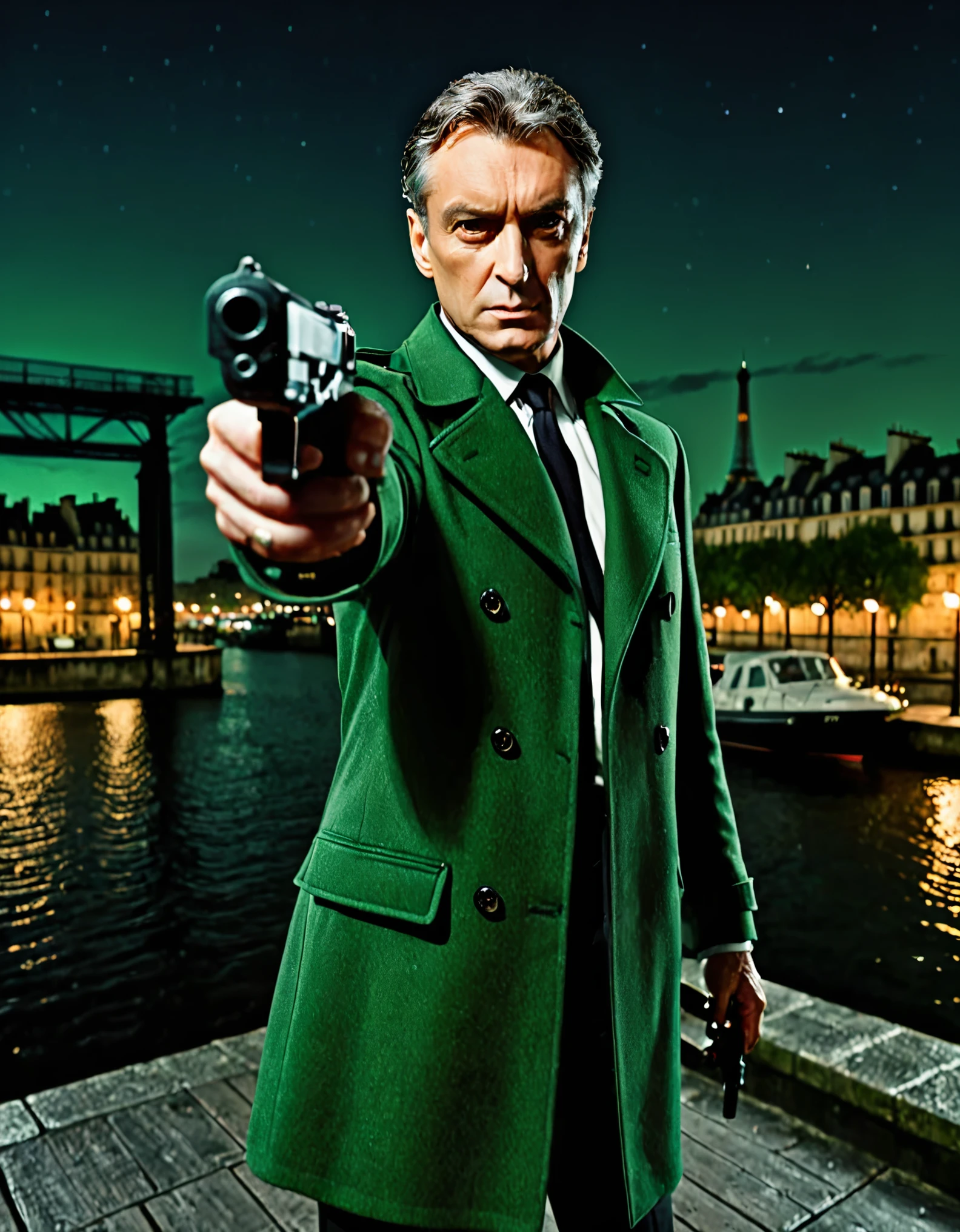 1man, solo, solo focus, arafed french man in a coat, (pointing pistol at the viewer, glock17), tall body, middle-aged man, professional, relaxed but determined, serious but cool, he's a hitman in peacoat, he is wearing a green trenchcoat, darkgreen suit and tie, slacks, black dress shoes, full body and head shot, full body shoot, full-body-shot, fullbody shot, dock, paris, night backdrop, film noire atmosphere, reddish grey hair, green eyes, hair over one eye, secret agent, spy, midnight, noir lighting.