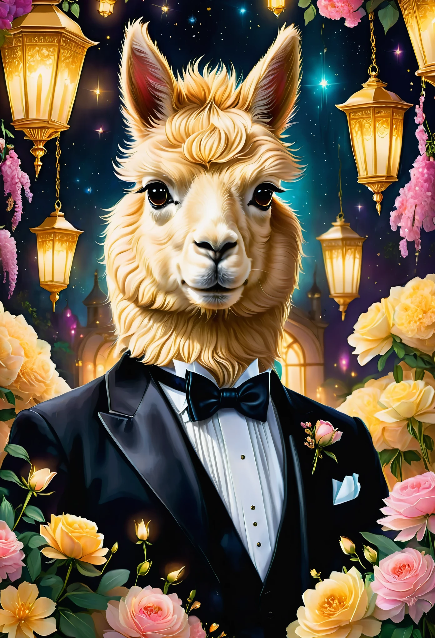 In a realistic and detailed painting, an elegant alpaca wearing a wedding veil and tuxedo tissue bowtie stands in a grand ballroom surrounded by flowers, gazing lovingly into another alpaca's eyes, both enriched by glowing lanterns and golden spotlights while dressed in their finest attire.