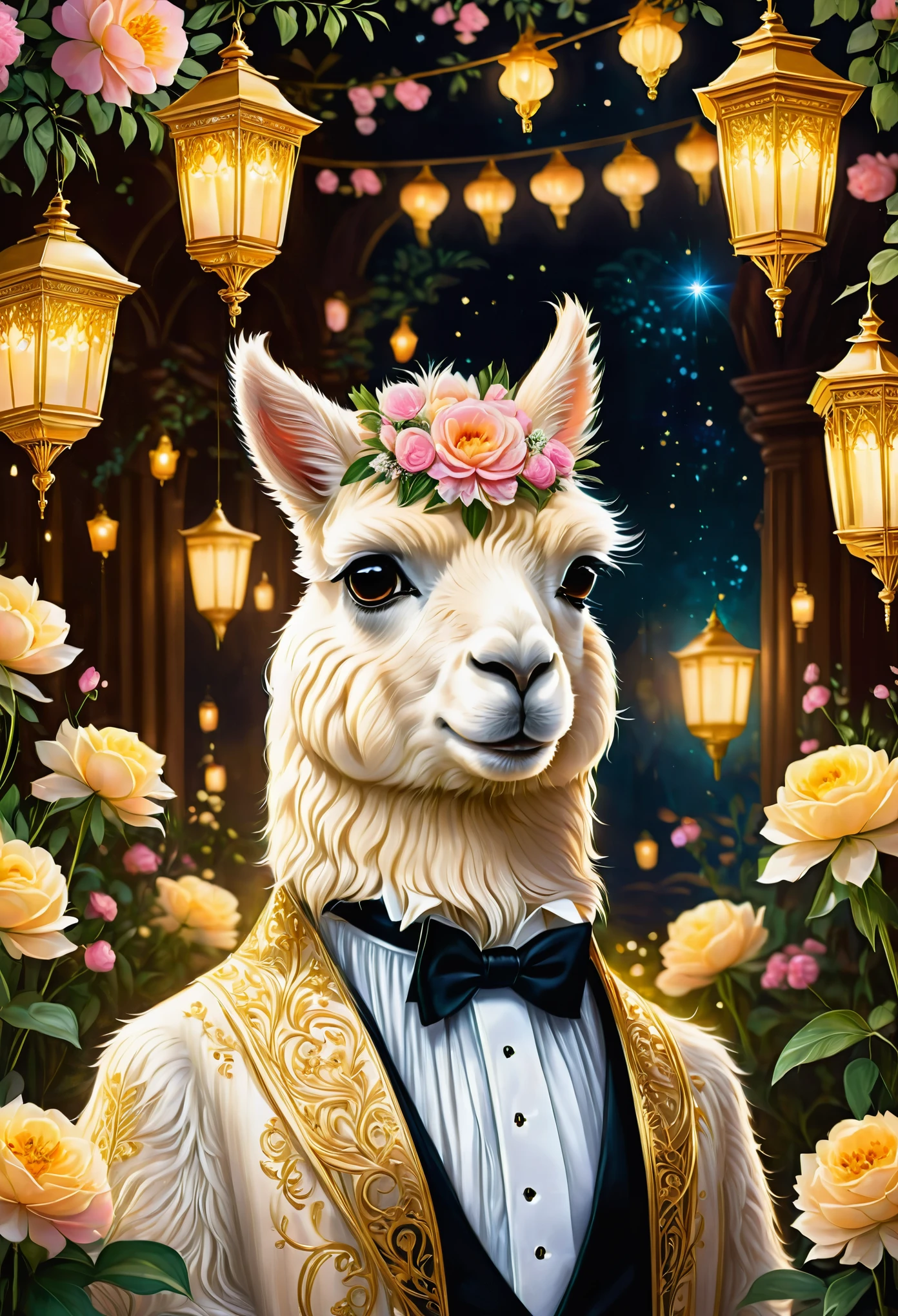In a realistic and detailed painting, an elegant alpaca wearing a wedding veil and tuxedo tissue bowtie stands in a grand ballroom surrounded by flowers, gazing lovingly into another alpaca's eyes, both enriched by glowing lanterns and golden spotlights while dressed in their finest attire.