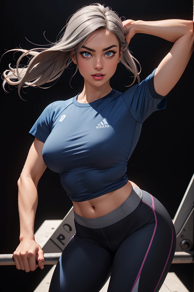 ([Sports Woman]), wearing blue shirts, tight grey yoga Pants, perfect eyes, detailed face, black background, fun posing, flirty look, Centered, scale to fit the dimensions
