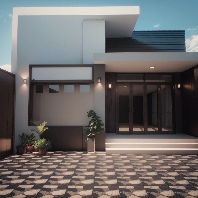 there is a white house with a black and white checkered floor, very realistic 3 d render, elegant render, exterior design, realistic render, very realistic render, fully detailed render, professional render, highly detailed render, very detailed render, bright render, contemporary house, stuning 3 d render, clean render, detailed render, overall architectural design, highly detailed 3 d render