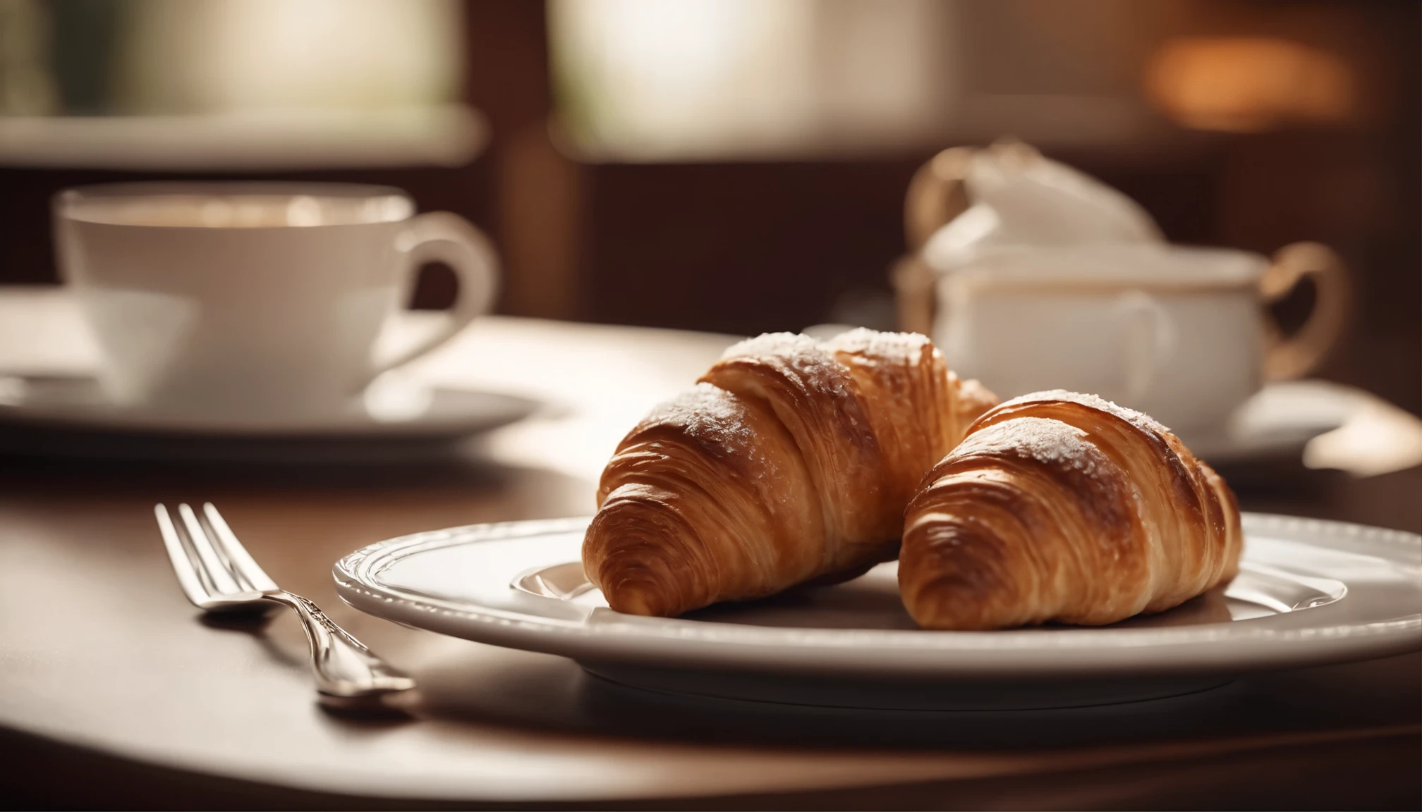 (masterpiece), hyper-realistic photography, extremely detailed, professional photo of a warm croissant with chocolate filling cut in half on a white plate set on a table with a white tableclocth and a bouquet of flowers. Beside it a cup of warm cappuccino in an elegant porcelain cup. High definition and true colors, high resolution. Blurry background. Square format.