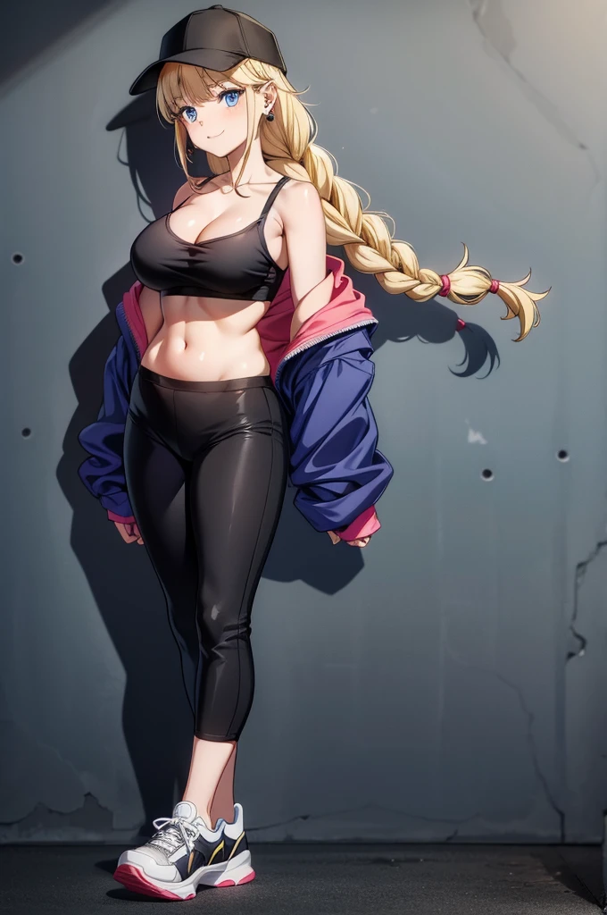 woman wearing leotard and athletic pants standing against back drop in black and white, 1girl, twin braids, breasts, blue eyes, shoes, braid, long hair, navel, sneakers, hat, earrings, large breasts, crop top, smile, jewelry, looking at viewer, full body, blonde hair, midriff, off shoulder, black headwear, pants, collarbone, solo, shadow, jacket, open clothes, cleavage