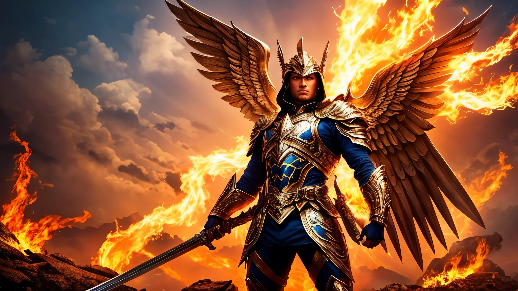 A captivating, high-quality cinematic photograph of Archangel Michael, standing tall and proud with gleaming armor and a majestic, glowing sword. His wings, spread wide and adorned with intricate details, emit a divine aura that radiates throughout the scene. The fiery battlefield in the background, filled with swirling clouds of smoke and flickering flames, adds an intense and dramatic atmosphere. Michael's powerful stance and presence highlight his role as a protector and warrior, shining as a beacon of hope amidst adversity., photo, vibrant, cinematic