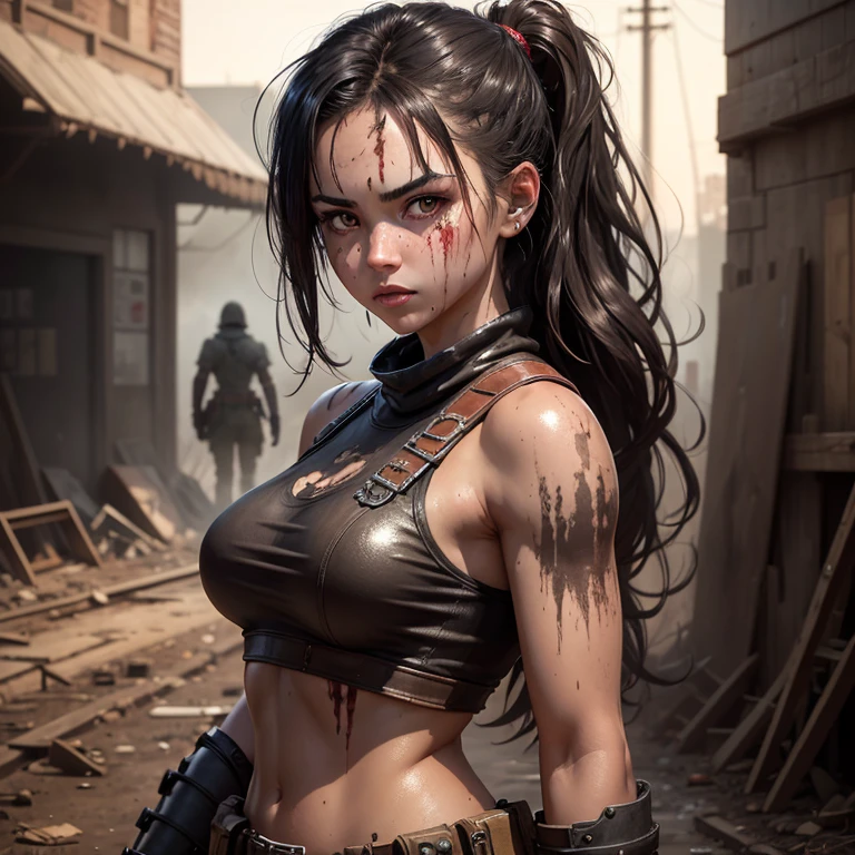 a cute girl, (epic portrait:0.85), flowing hair, sweaty skin, night, [[soft cinematic light, adobe lightroom, photolab, hdr, intricate, highly detailed, ]], ((by brian m viveros)), (depth of field), epic realistic, (bloodpunk:1.2), gore, black hip pantyhose, full body