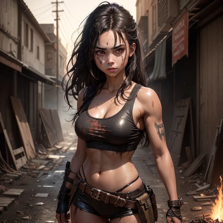 (((full medium shot))), (Masterpiece, photorealistic, photorealism, best quality, ultra-detailed:1.3), (nice hands, perfect hands), official art, cinematic light, (1girl:1.3), adult, Ultra-realistic digital painting of an beautiful 21-year-old female Post-Apocalyptic girl, Beautiful Attractive Post-Apocalyptic warrior girl, standing defiantly amidst a dark night, sinister ruined street city, beautiful Post-apocalyptic Warrior girl on in cool outfit, fire, blood-stained and smeared with dirt, wearing a tight, realistic tight tank top and dirty brown combat uniform, a slight smudge of dirt tracing her flawless complexion, with wavy black hair disguising part of her realistic dirty and bloodstained face, realistic beautiful brown eyes, defiant and seductive, wet oily shiny skin, beautiful firm Breasts, covered in dirt and blood, extremely detailed