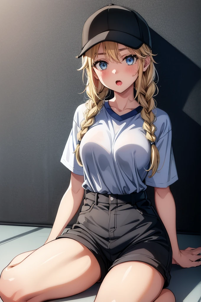 nsfw,masterpiece,ultra detailed,sharp focus,smooth anime,high resolution,medium hair,(blonde hair,dark skin:1.5),curvy adult body,(printed t-shirt:1.2),(wet clothes,puffy nipples),peace sign,(from below), seductive anime girl,(thick lips:1.3),(tareme:1.3),earring,(having sex,vaginal penis),,pubic hair,(bedroom,at morning,sunny day,),(morning sunlight from window),cowgirl position,(suffering:1.4),pubic hair,(wetty pussy:1.3),(sweaty),(creampie,cum in pussy:1.2),open mouth,excessive cum in pussy,(look down at viewer:1.2),thick thighs,curvy adult body,close up,