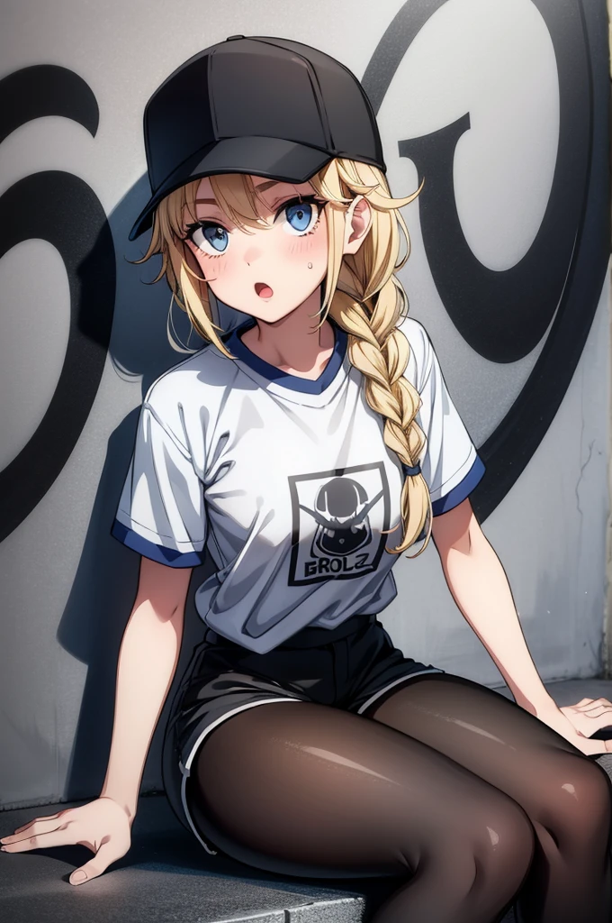 (((grayscale)))(masterpiece:1.2, best quality), (graffiti wall:1.15), 1lady, beanie, jacket, Leggings, blue eyes, fullbody,a cartoon male in a baseball cap with a visor and short shorts, 1girl, solo, blue eyes, hat, blonde hair, braid, twin braids, sitting, shorts, breasts, open mouth, shirt, baseball cap, looking at viewer, long hair, blush, white shirt, short sleeves