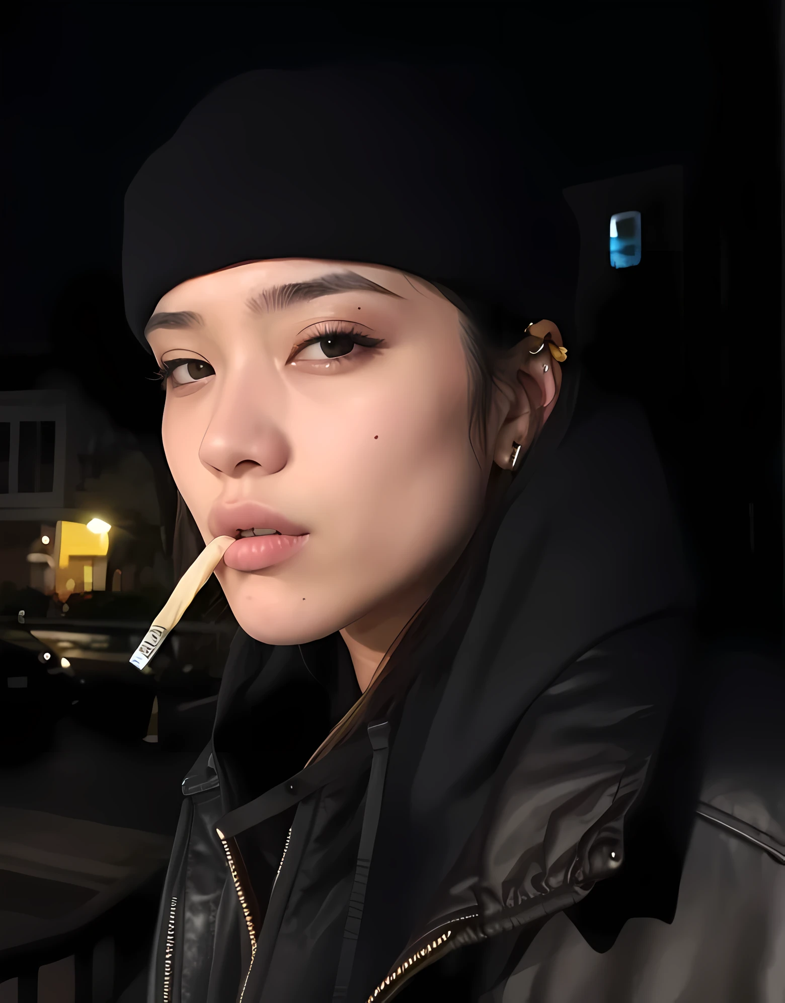 Mujer arafed con un cigarrillo en la boca y una chaqueta negra., cara sexy con maquillaje completo, dilraba dilmurat, hermosa mujer surcoreana, Gemma Chen, muchacha coreana, sharp cheekbones, detailed face of an asian girl, asian guy, Lulu Chen, Xision Wu, mirada sensual, rostro perfectamente iluminado, kiko mizuhara