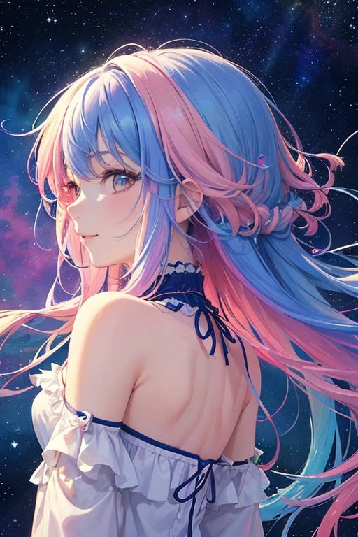 (masterpiece, highest quality, highest quality,watercolor (Moderate),Official Art, beautifully、aesthetic:1.2),(One girl:1.3), (Fractal Art:1.3),Upper Body, From the side, View your viewers,pattern,(Rainbow Hair,colorful hair,half blue、half pink hair:1.2),water,liquid, cloud,colorful, Starry sky,performer,smile