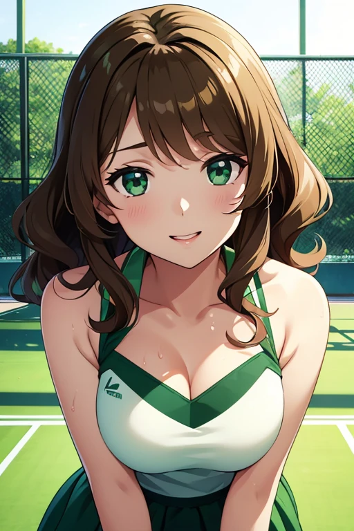 Beautiful illustration, better quality, PRETTY GIRL, Her eyes are large and expressive, a beautiful emerald green color. neckline, tennis clothes, ecstatic, happy expression, with an athletic and elegant figure. Tennis court, POV, (wet), long, silky light brown hair that falls in soft waves below her shoulders, anime style