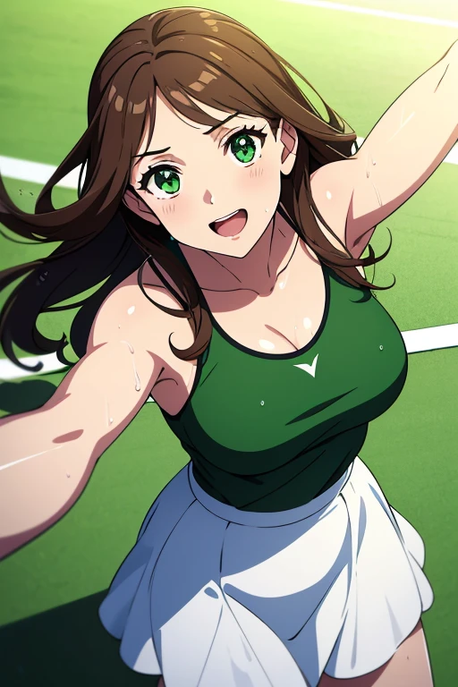 Beautiful illustration, better quality, PRETTY GIRL, Her eyes are large and expressive, a beautiful emerald green color. neckline, tennis clothes, ecstatic, happy expression, with an athletic and elegant figure. Tennis court, POV, (wet), long, silky light brown hair that falls in soft waves below her shoulders, anime style