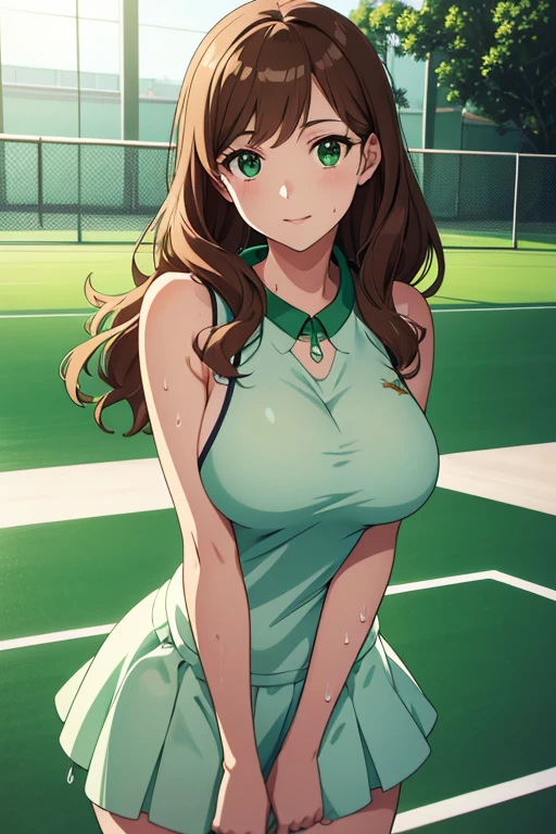 Beautiful illustration, better quality, PRETTY GIRL, Her eyes are large and expressive, a beautiful emerald green color. neckline, tennis clothes, ecstatic, happy expression, with an athletic and elegant figure. Tennis court, POV, (wet), long, silky light brown hair that falls in soft waves below her shoulders, anime style