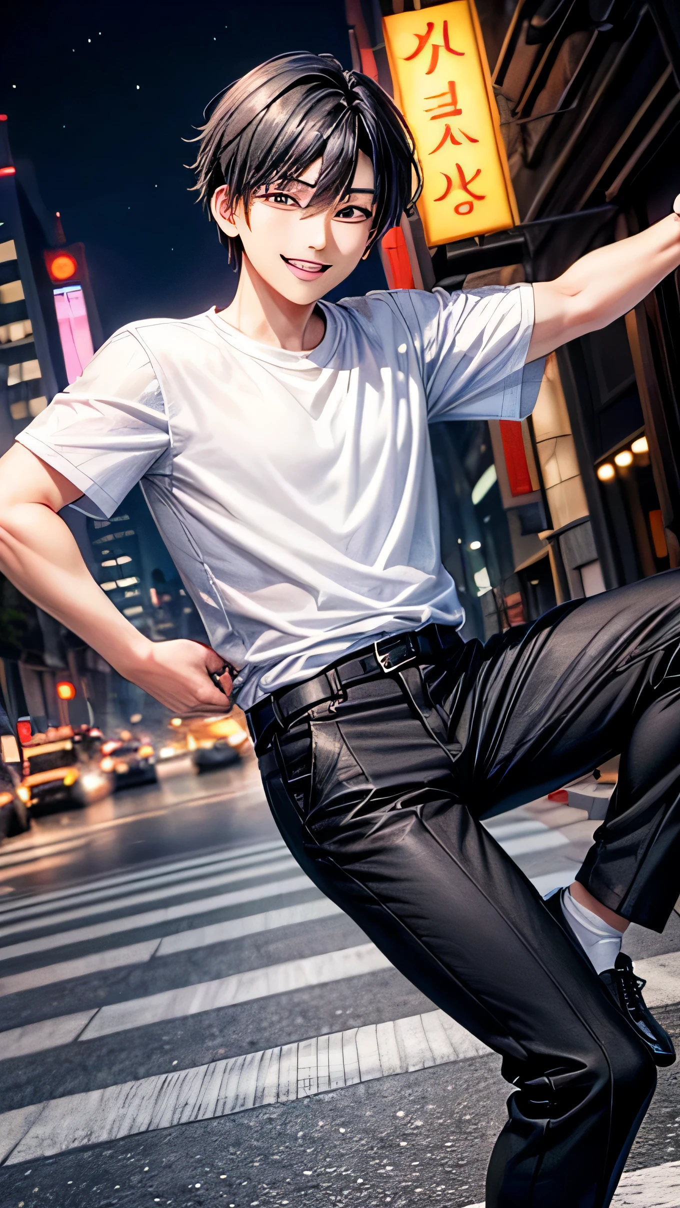 A Korean man with black hair wear shirt and black trousers. He at the middle of city night and has a nice smile