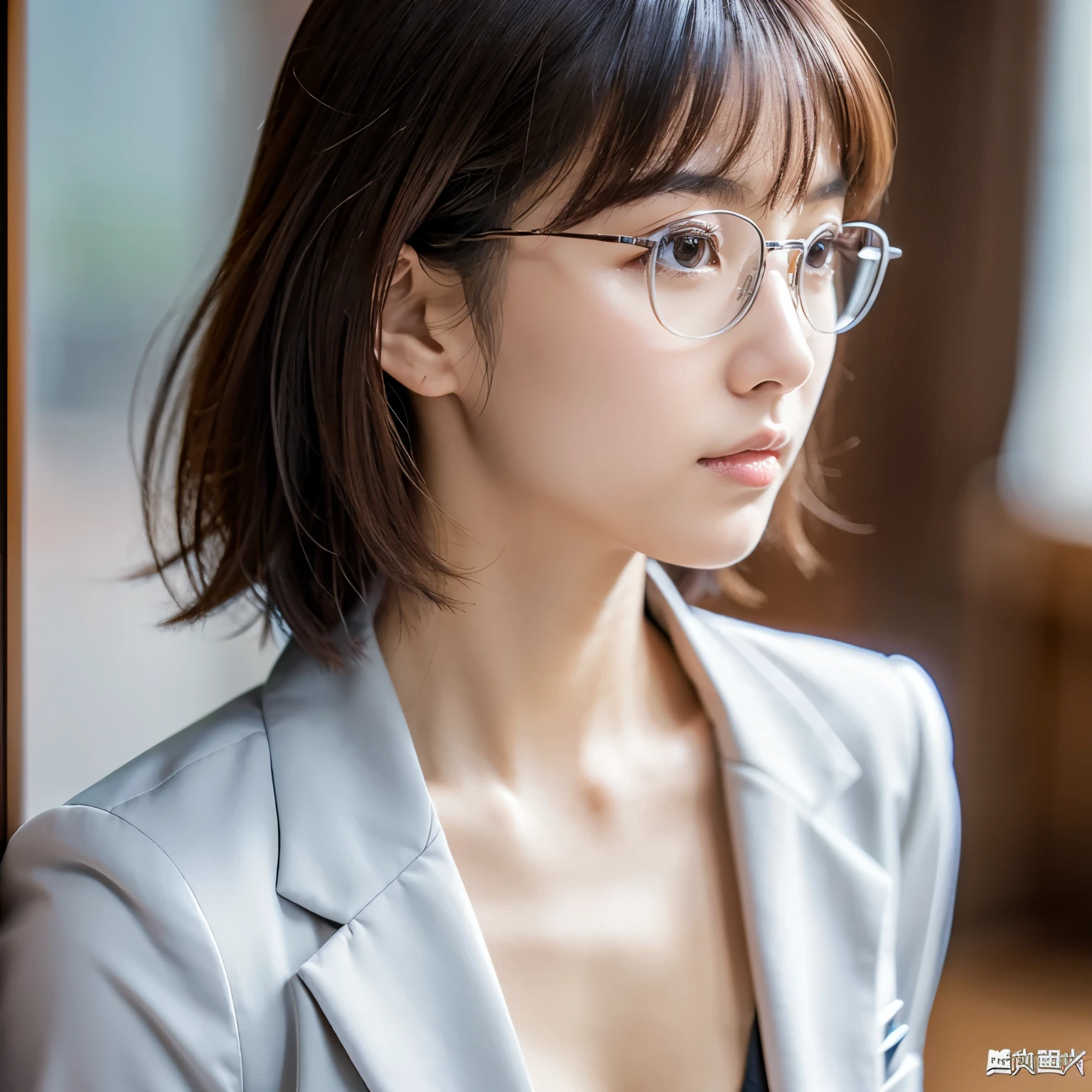 I&#39;is working、sexy、Inconspicuous、quiet、beautiful girl、Japanese、Beautiful breasts、Short Bob、suit、Round face、thin, Round glasses with silver rim、job hunting、Big Breasts,Ultra-Realistic Capture, Very detailed, High resolution 16K human skin close-up. Skin texture must be natural, So detailed that even pores can be distinguished. Skin looks healthier, In a uniform tone. Use natural light and color,(RAW Photos, highest quality), highest quality, Very detailed, masterpiece, Super detailed