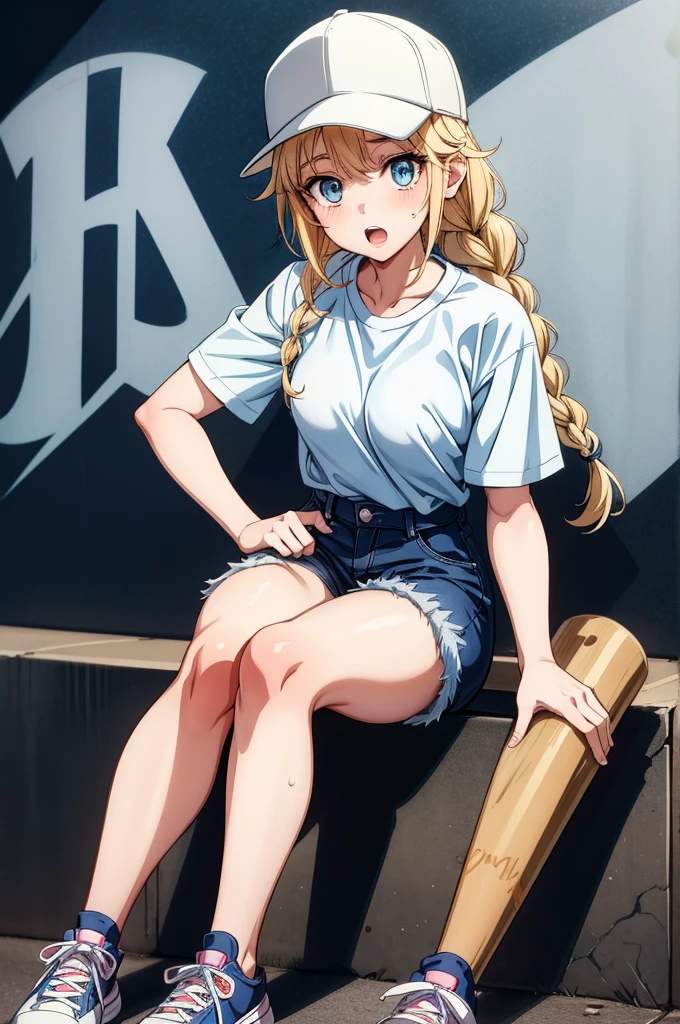 cartoon character sitting on concrete holding baseball cap looking at camera with graffiti walls background, 1girl, solo, hat, sitting, twin braids, blonde hair, baseball cap, blue eyes, shoes, shirt, pantyhose, braid, sneakers, open mouth, shirt tucked in, shorts, short sleeves, long hair, looking at viewer, blush, breasts, white shirt