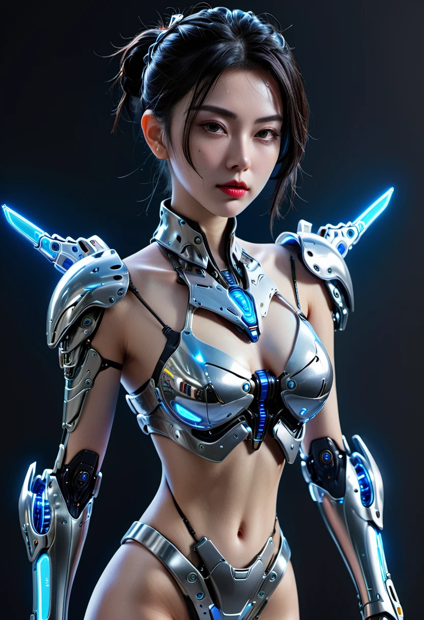 Top Quality, Masterpiece, Ultra High Resolution, (Photorealistic: 1.4), Raw Photo, 1 cyberpunk Girl, Glossy Skin, 1 Mechanical Girl, (Ultra Realistic Detail)), (((Full body shot))), Global Illumination, Contrast, thick voluptuous curved lips, Shadows, Octane Rendering, 8K, Ultra Sharp, Raw Skin, Metal, Intricate Ornament Details, Cyberpunk Details, Very intricate details, realistic light, CGSoation trend, facing the camera, neon details,mechanical cleavage.  mechanical limbs, blood vessels connected to the tube, mechanical vertebrae attached to the back, mechanical cervical attachment to the neck, wires and cables connecting to the head, gundam, small LED lamps.