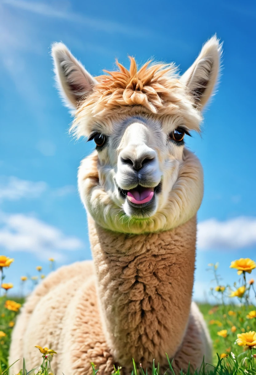 An Alpaca, aesthetic, (an alpaca),random things,illustration,playful alpaca,curious alpaca,funny expressions,cute alpaca,fluffy fur,adorable alpaca face,beautiful eyes,expressive mouth,green grassy field,clear blue sky,colorful flowers,jumping alpaca,happy alpaca face,cheerful scene,joyful movements,creative alpaca,imaginative scenes,vibrant colors,artistic rendering,highres,ultra-detailed,realistic lighting,bokeh