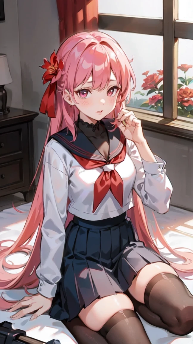 upper body, camellia, flower, red_flower, red_rose, rose, sword, weapon, katana, 1girl, pink_rose, pink_flower, spider_lily, shoes, long_hair, school_uniform, serafuku, sheath, skirt, solo, holding_sword, sheathed, vase, looking_at_viewer, sitting, orange_flower, pleated_skirt, rose_petals, black_shirt, black_legwear, black_skirt, holding_sheath, hibiscus, very_long_hair, parted_lips, loafers, sailor_collar, black_hair, neckerchief,