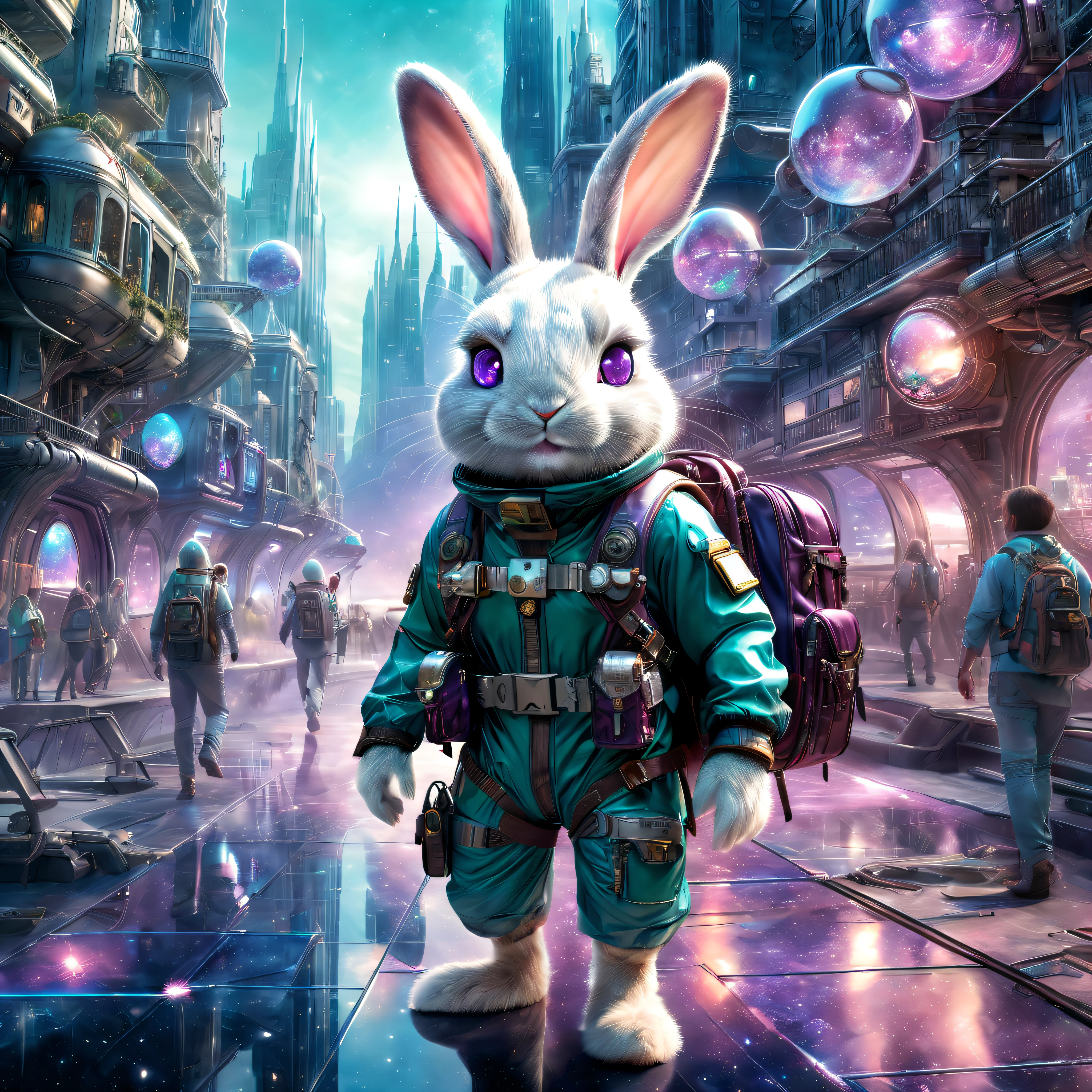 ((mejor calidad)), ((Obra maestra)), ((realista,arte digital)), (ultra-detallado),DonMC3l3st14l3xpl0r3rsXL ciudad, Un conejito aventurero disfrazado de aventurero., Llevar la mochila de un explorador,Technologies, Science fiction, Futuristic , 8k, hdr,