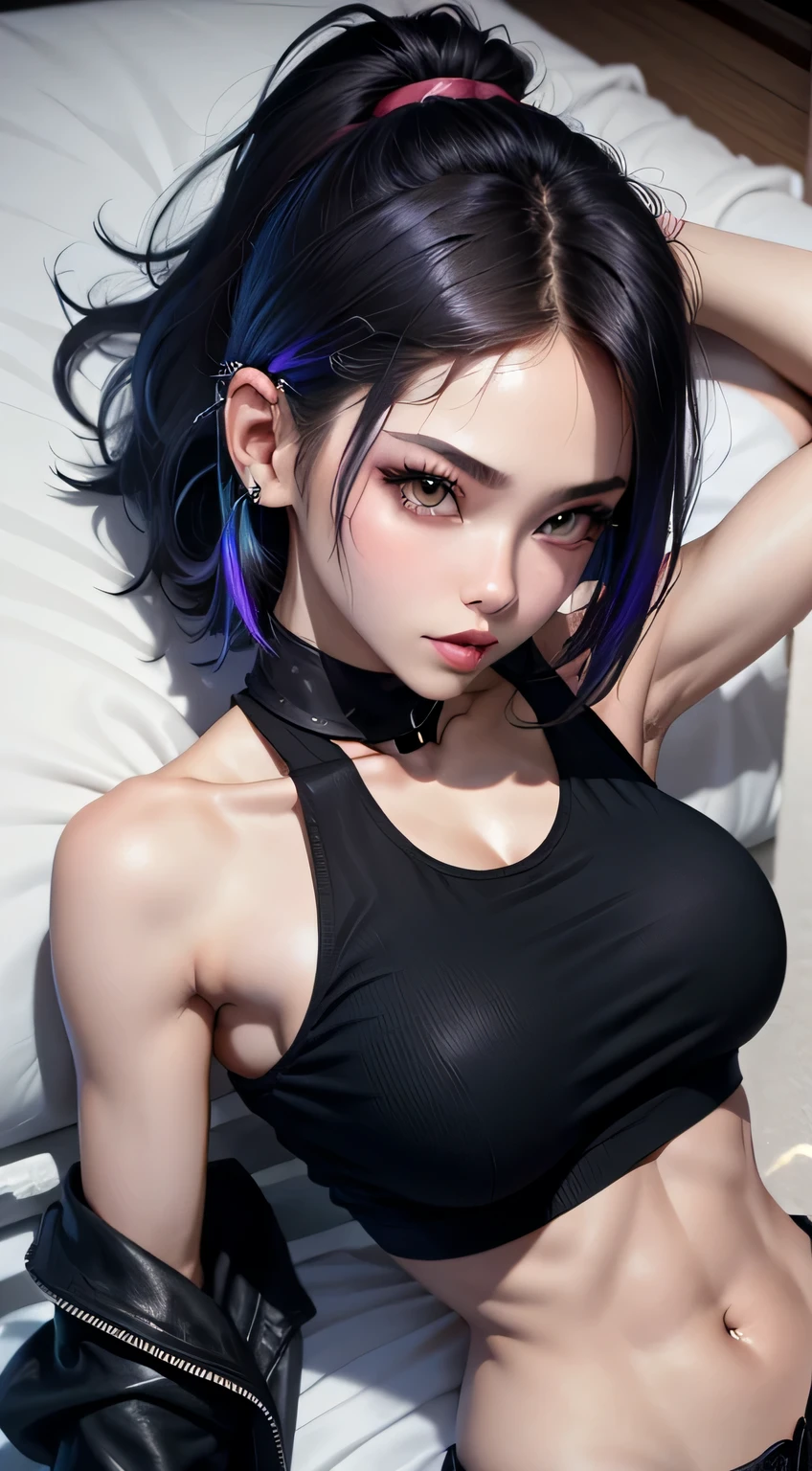 sfw, ((lying on bed top view)), headphones on, cute casual streetwear, photo of slim girl model, wearing cyberpunk streetwear, wearing a black cropped tank top, korean women's fashion model, all black cyberpunk clothes, cyberpunk streetwear, y 2 k style, y2k style, ulzzang, photo of slim girl, overalls, cute girl wearing tank suit, wearing bra,((skinny waist)), young asian girl, ((big breasted)),