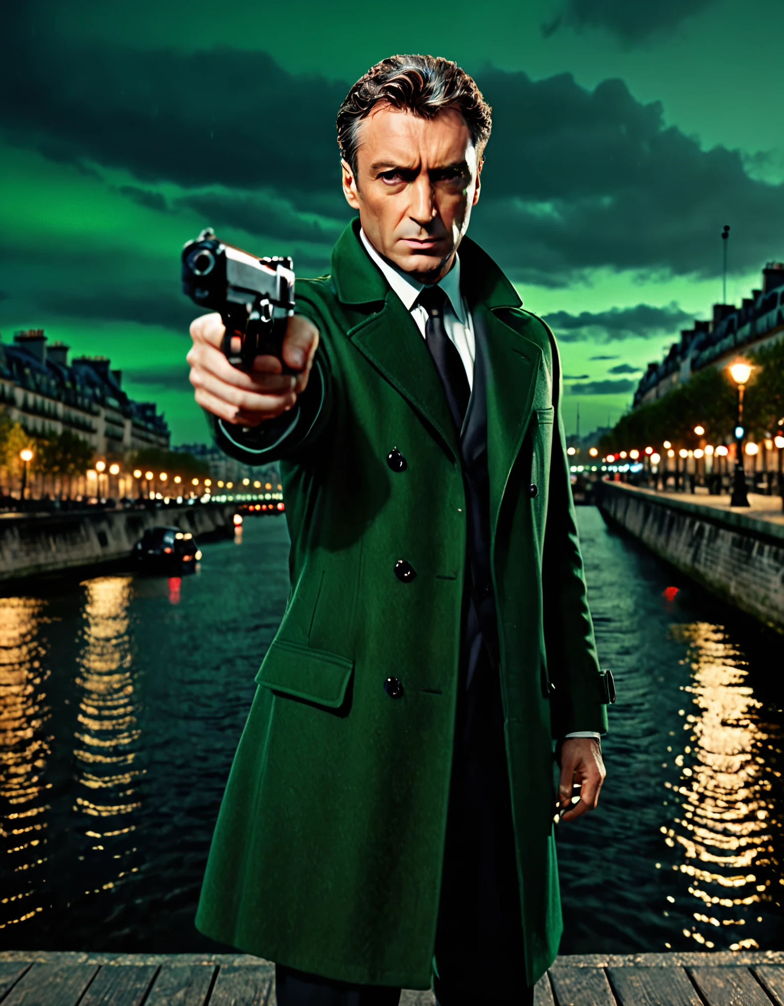 masterpiece, best quality, hyper detailed, ultra detailed, 1man, solo, solo focus, arafed french man in a coat, (pointing pistol at the viewer, glock17), tall body, middle-aged man, professional, relaxed but determined, serious but cool, he's a hitman in peacoat, he is wearing a green trenchcoat, darkgreen suit and tie, slacks, black dress shoes, full body and head shot, full body shoot, full-body-shot, fullbody shot, dock, paris, night backdrop, film noire atmosphere, reddish grey hair, green eyes, hair over one eye, secret agent, spy, midnight, noir lighting.