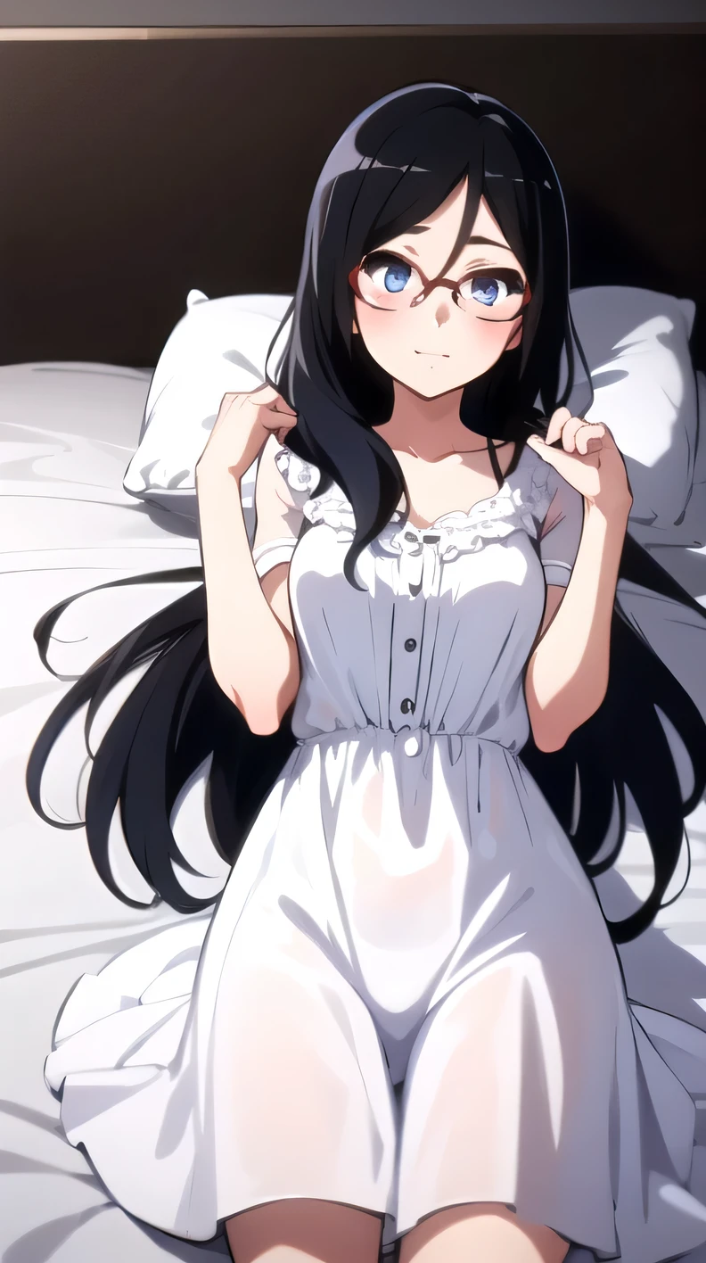 Masterpiece, best quality, sleep, in bed, in the bedroom, Straight body, 1 girl, Asuka Tanaka, long hair, black hair, blue eyes, glasses, semi-rimless glasses, glasses red frame, glasses beyond the edge, hair between the eyes, Put on pajamas., white dress,