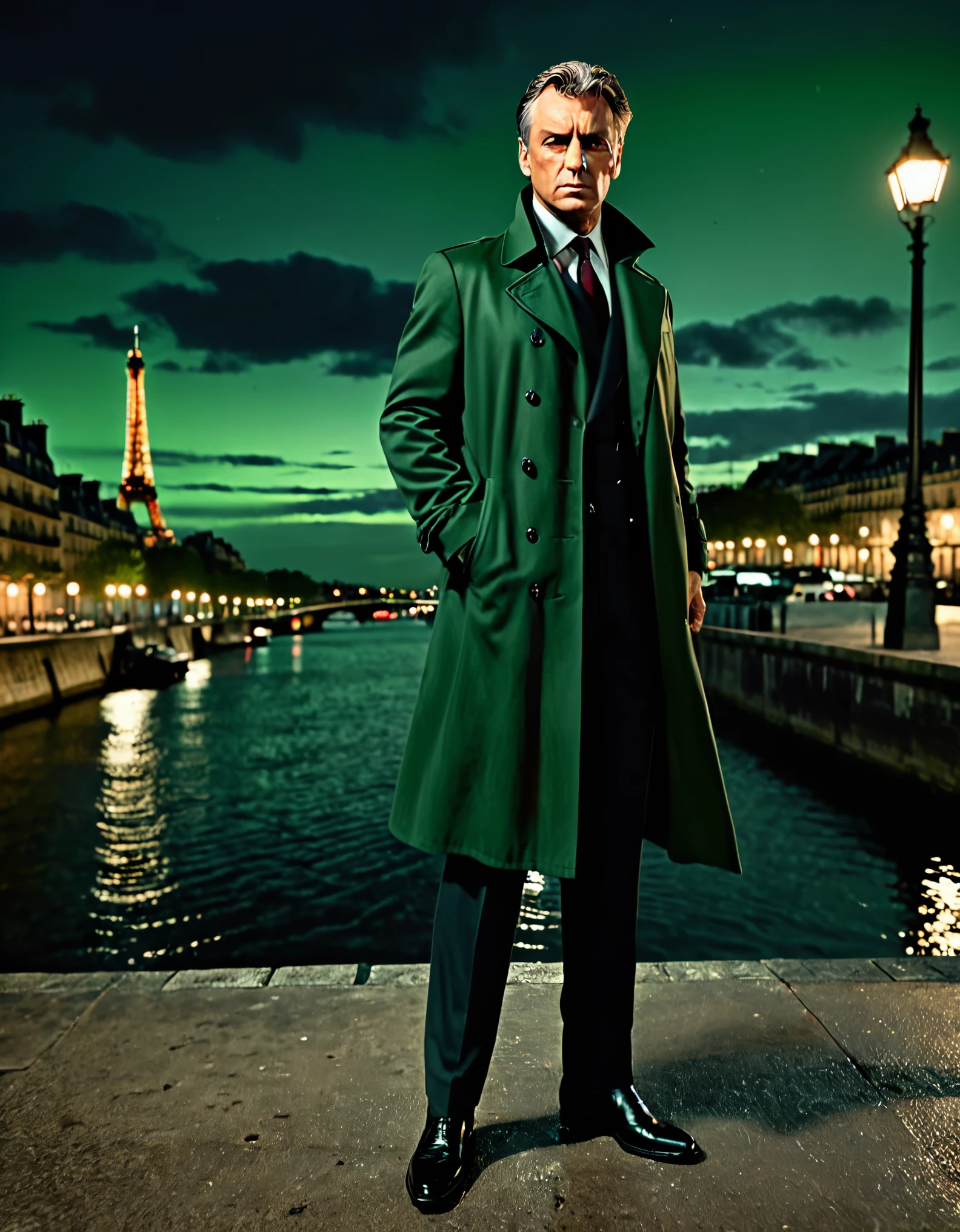 masterpiece, best quality, hyper detailed, ultra detailed, 1man, solo, solo focus, arafed french man in a coat, (pointing pistol at the viewer, glock17), tall body, middle-aged man, professional, relaxed but determined, serious but cool, he's a hitman in peacoat, he is wearing a green trenchcoat, darkgreen suit and tie, slacks, black dress shoes, full body and head shot, full body shoot, full-body-shot, fullbody shot, dock, paris, night backdrop, film noire atmosphere, reddish grey hair, green eyes, hair over one eye, secret agent, spy, midnight, noir lighting.