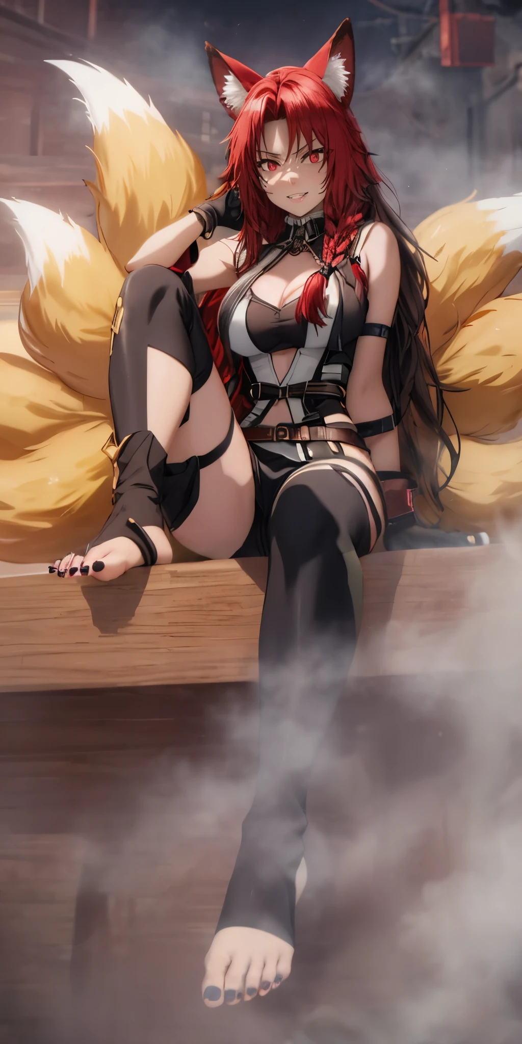 iris midgar, red hair, long hair, braid, red eyes, anatomically correct, heavy breathing, mature female, animal_ears, tail, fox_ears, fox_tail, 1girl, nail_polish, multiple_tails, sitting, barefoot, open_mouth, toes, red_nails, feet, fangs, looking_at_viewer, black_legwear, fingerless_gloves, toeless_legwear, breasts, toenail_polish, large_breasts, gloves, solo, black_nails, sitting, head rest, wood, "glow effects, godrays, Hand drawn, render, 8k, octane render, cinema 4d, blender, dark, atmospheric 4k ultra detailed, cinematic, Sharp focus, big depth of field, Masterpiece, colors, 3d octane render, 4k, concept art, trending on artstation, hyperrealistic, Vivid colors, extremely detailed CG unity 8k wallpaper, trending on CGSociety, Intricate, High Detail, dramatic", sweating, steaming body, fog, (shaded face:1.2), hollow eyes, red eyes, looking at viewer, (heavy breathing:1.2), smirk, upper teeth, lips, glowing eyes,