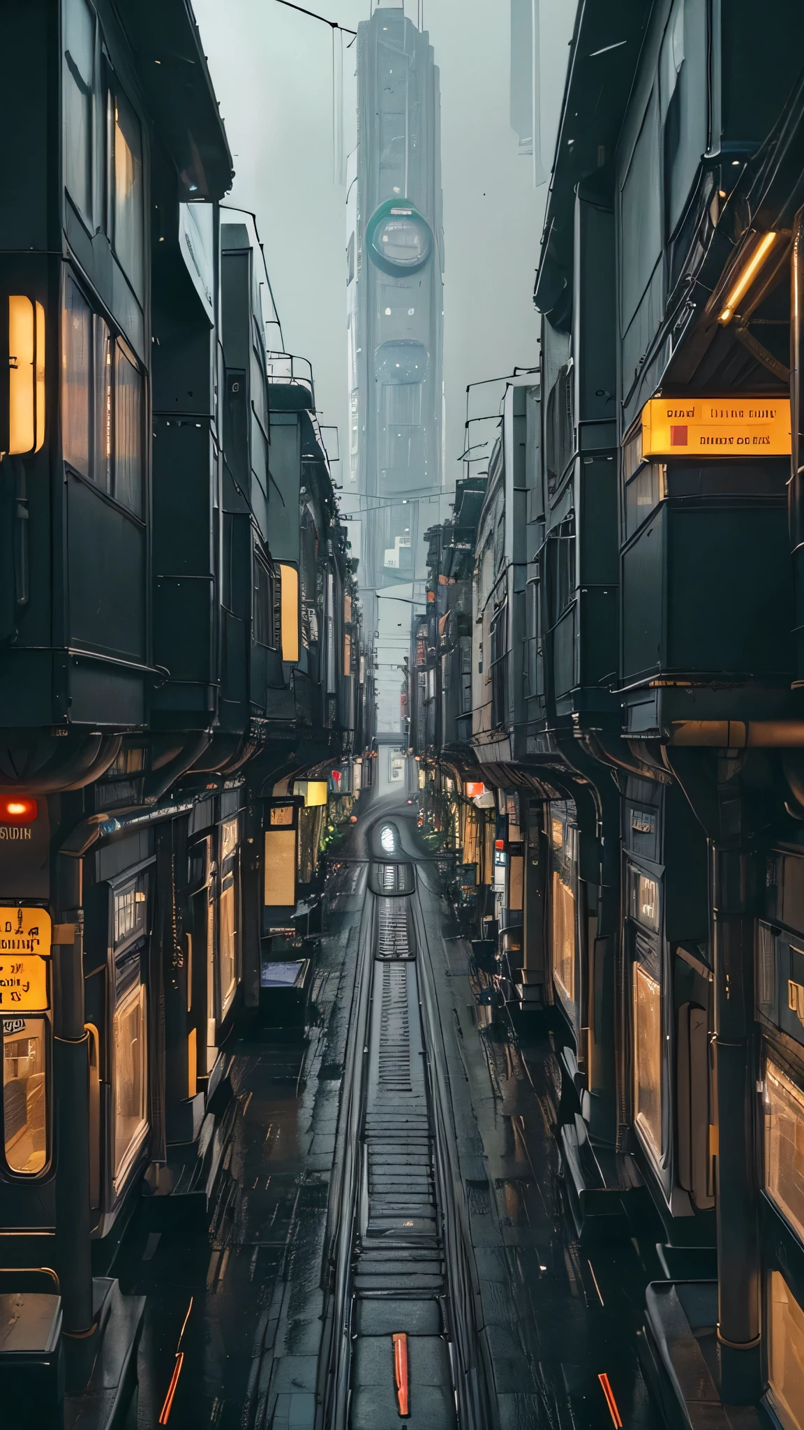 ((masterpiece)),((best quality)),((high detail)),((realistic,)) Futurist era city, architectural streets, futuristic train lines, cyberpunk, buildings, night, European city, rainy, neon